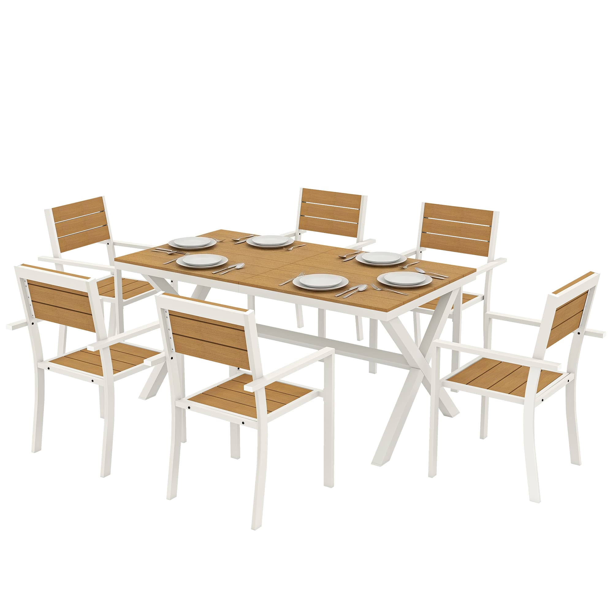 Outsunny Ensemble de mobilier de jardin 7 pièces table avec 6 chaises empilables aspect bois cadre en aluminium Teck