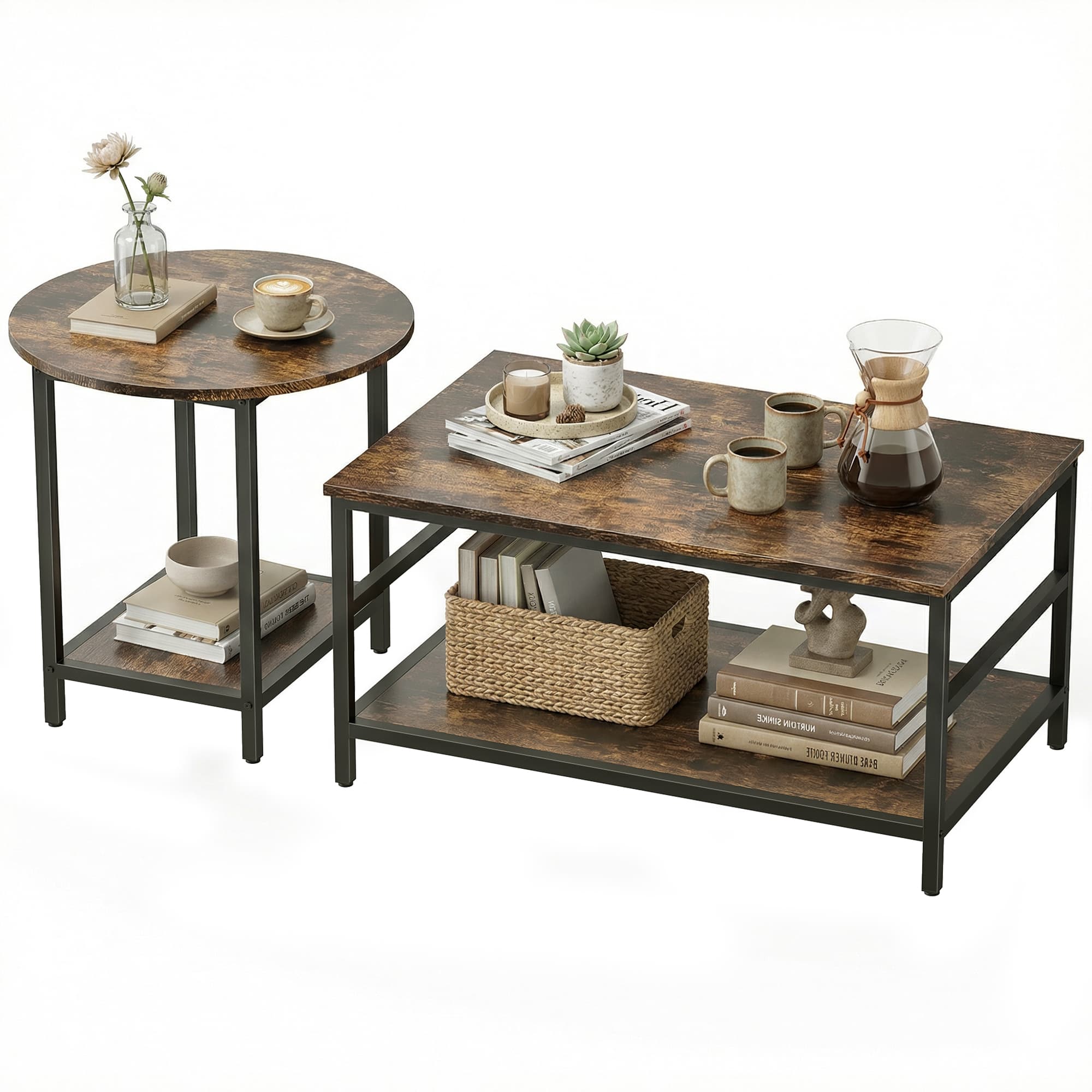 HOMCOM Set de tables basses, 2 pièces, table rectangulaire et ronde avec rangement à 2 niveaux, brun rustique