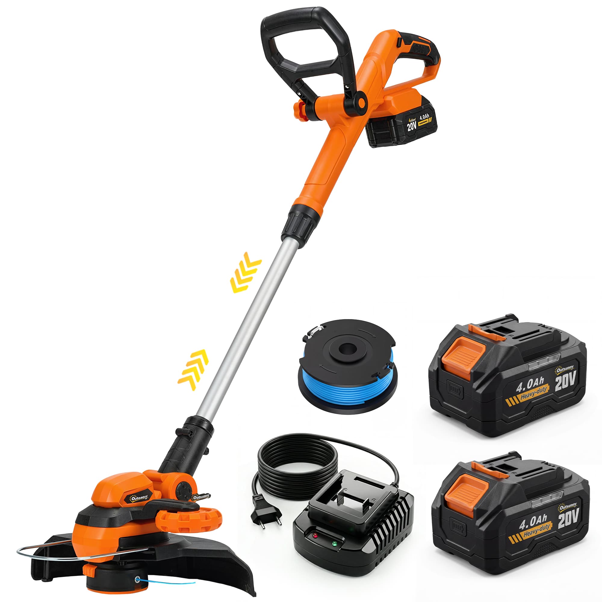 Outsunny Coupe-bordures sans fil 21 V avec 2x4,0 Ah Batteries et chargeur, largeur de coupe 25 cm, manche télescopique réglable
