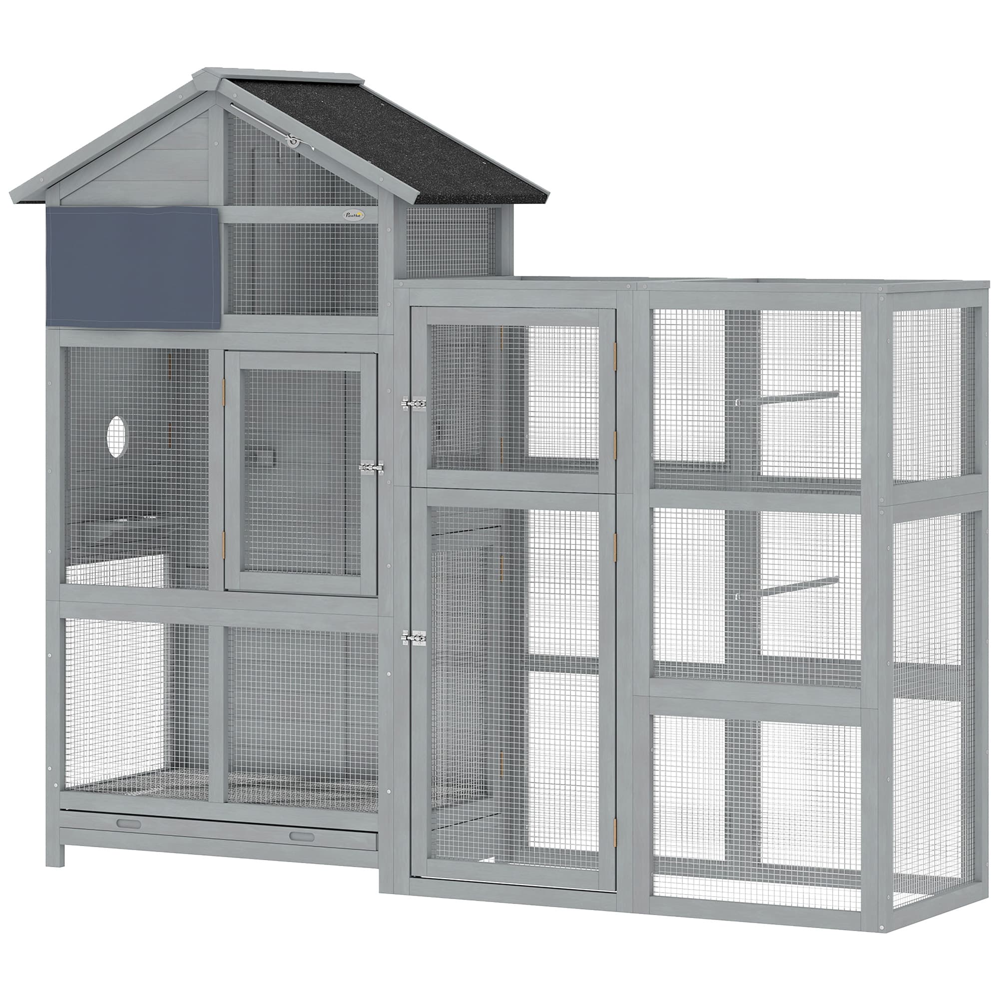 PawHut Volière Cage en bois avec 6 perchoirs compartiment tiroir extractible gamelles en acier inoxydable 196x60x164,5cm Gris