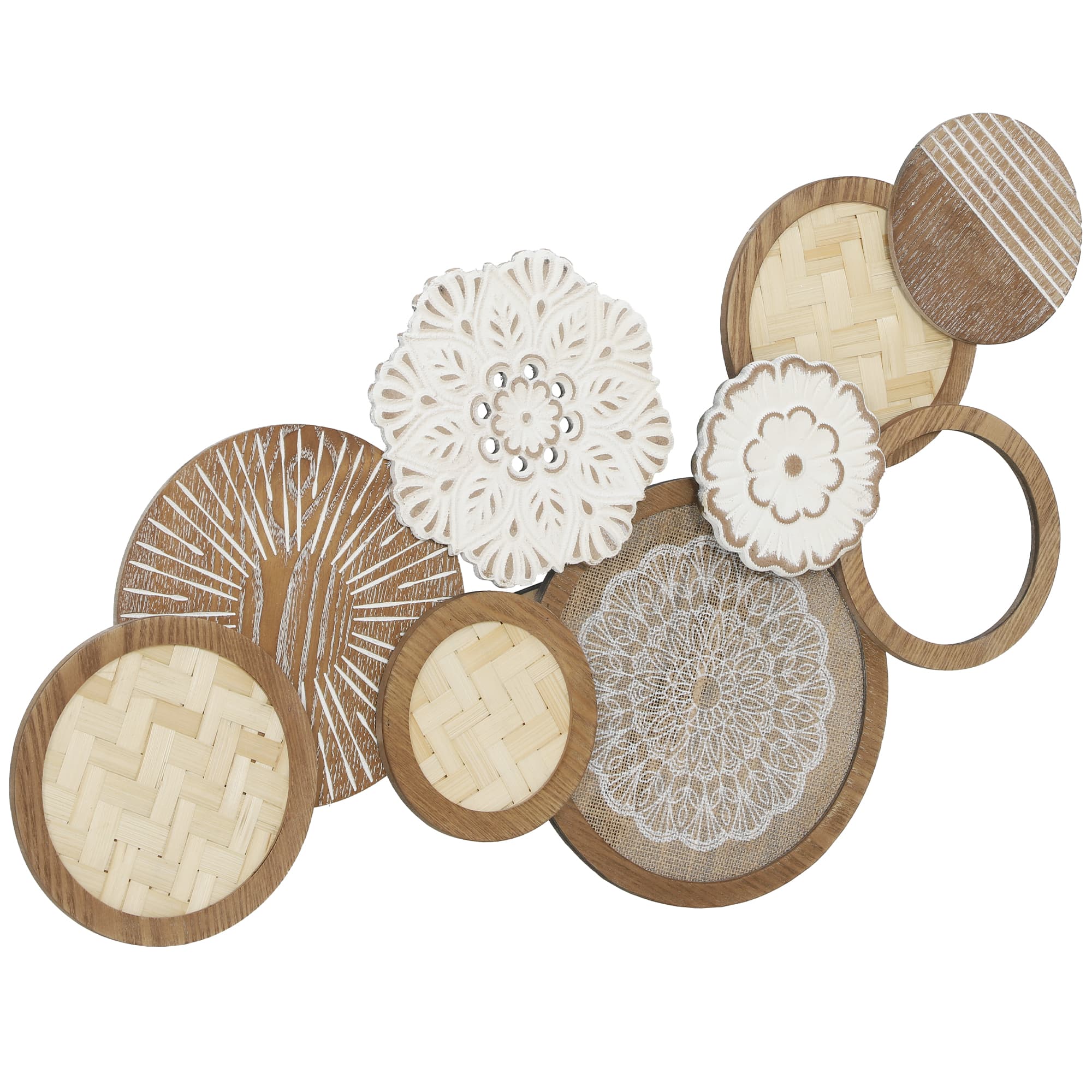 HOMCOM Décoration murale en bois, sculpture murale en bois, design unique à plusieurs disques, 83,8 x 44,5 cm, bois naturel