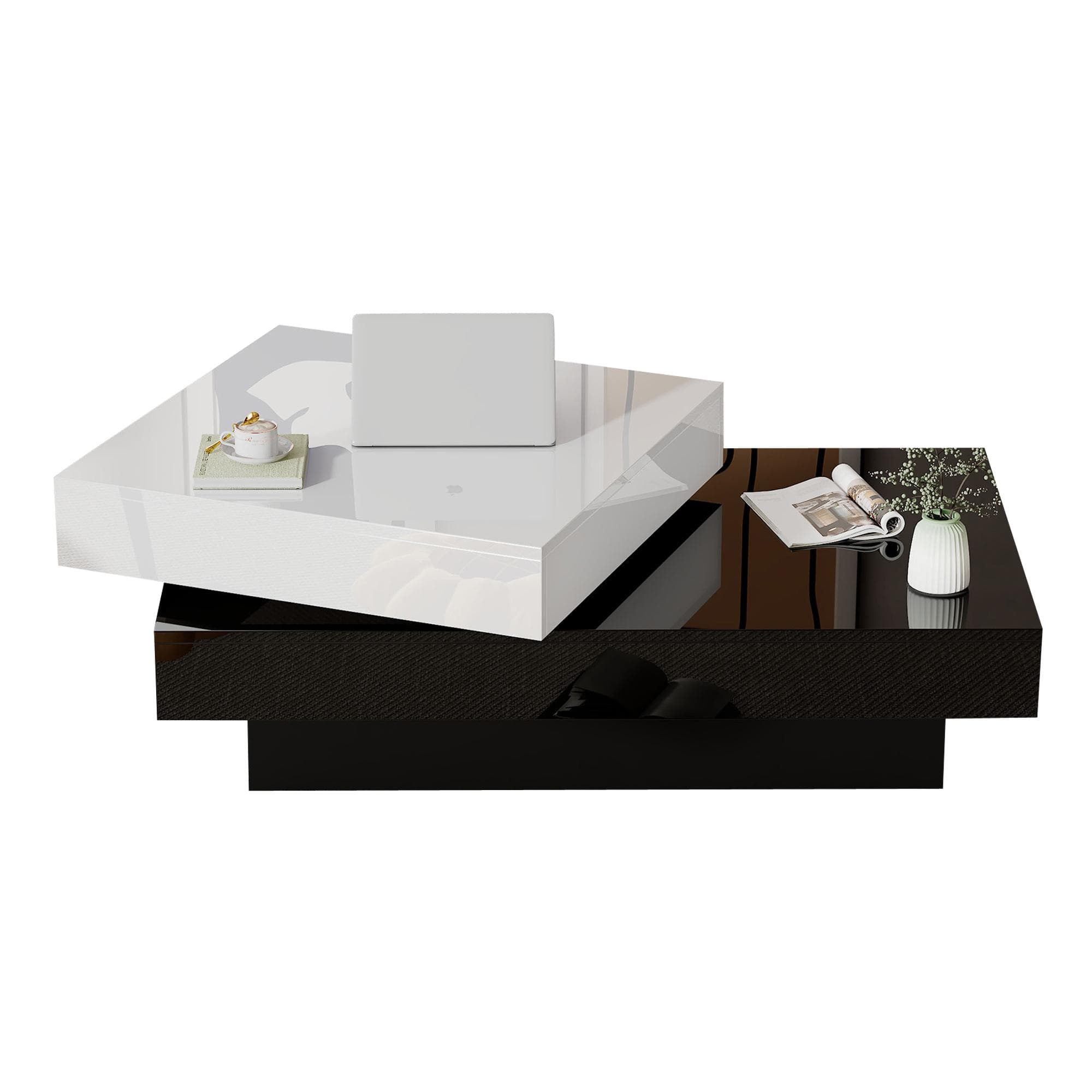 Table basse pivotante avec plateau tournant laqué haute brillance, 2 niveaux de rangement, 103x60x35,5 cm, Blanc + Noir