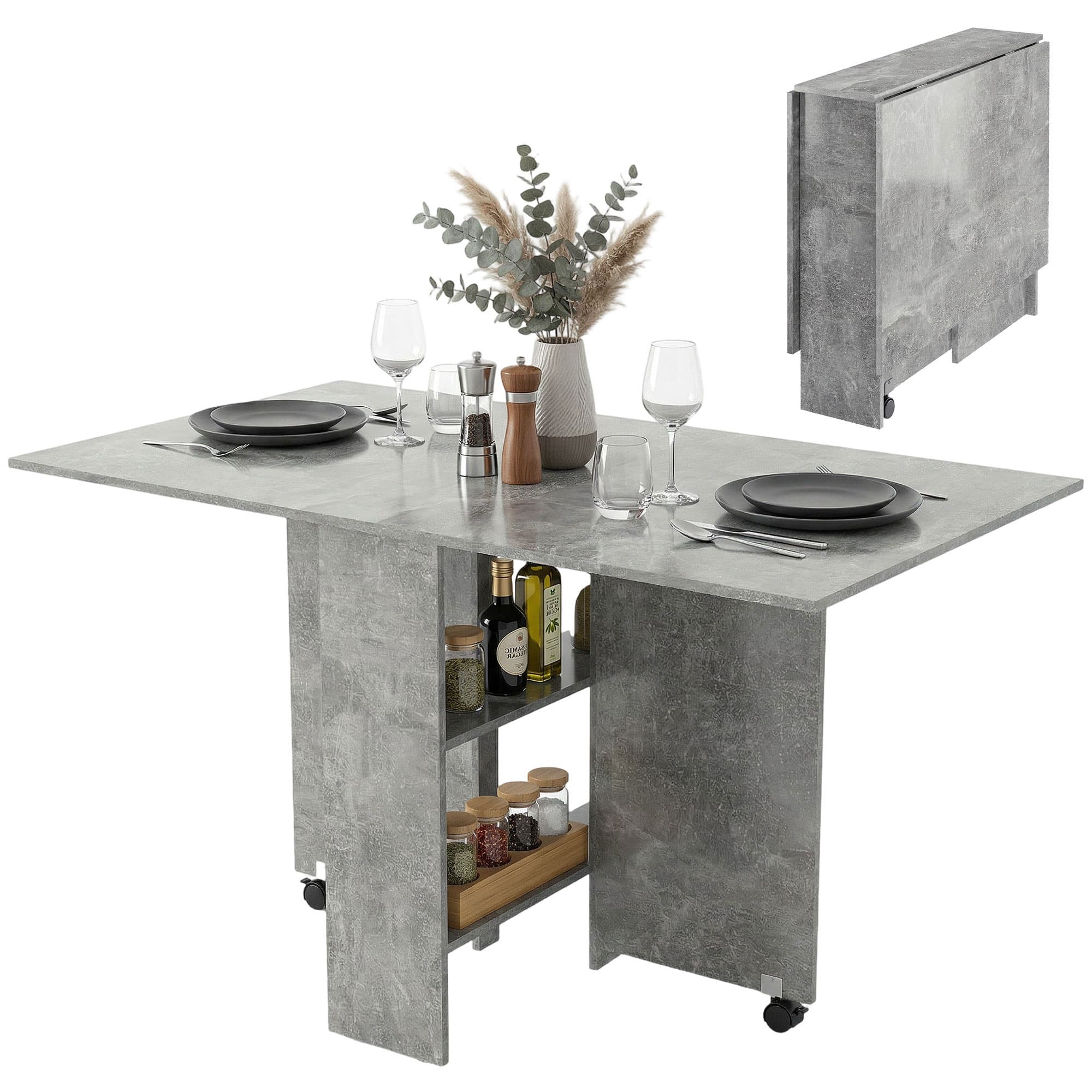 HOMCOM Table à manger pliante avec étagères, rabat et roulettes, Gris Ciment