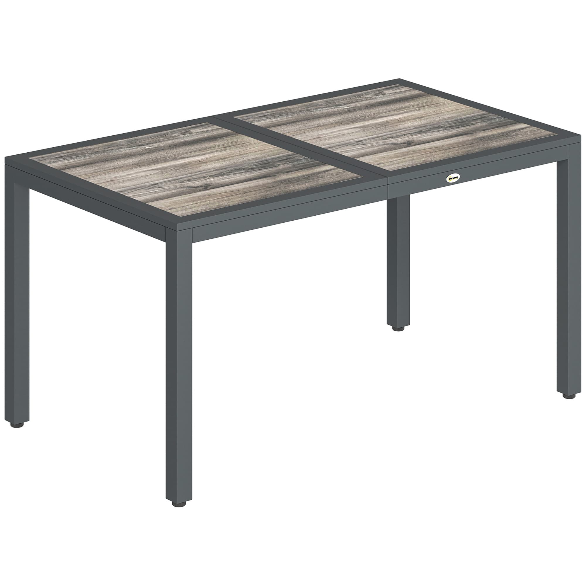 Outsunny Table de jardin pour 4 à 6 personnes, table à manger extérieure avec plateau à effet bois, 140 x 80 x 72 cm, gris foncé