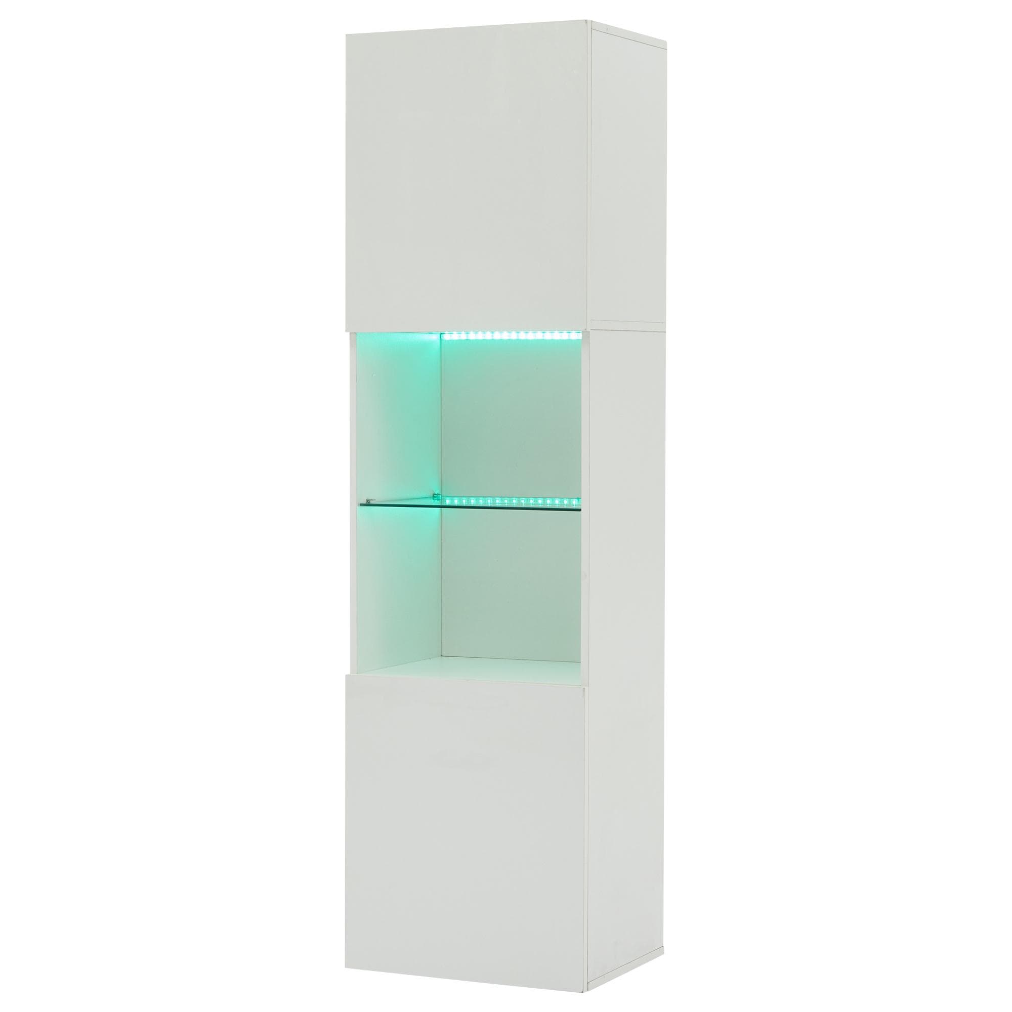 Vitrine en finition brillante avec éclairage LED, 1 étagère en verre, 45x35x160 cm, Blanc