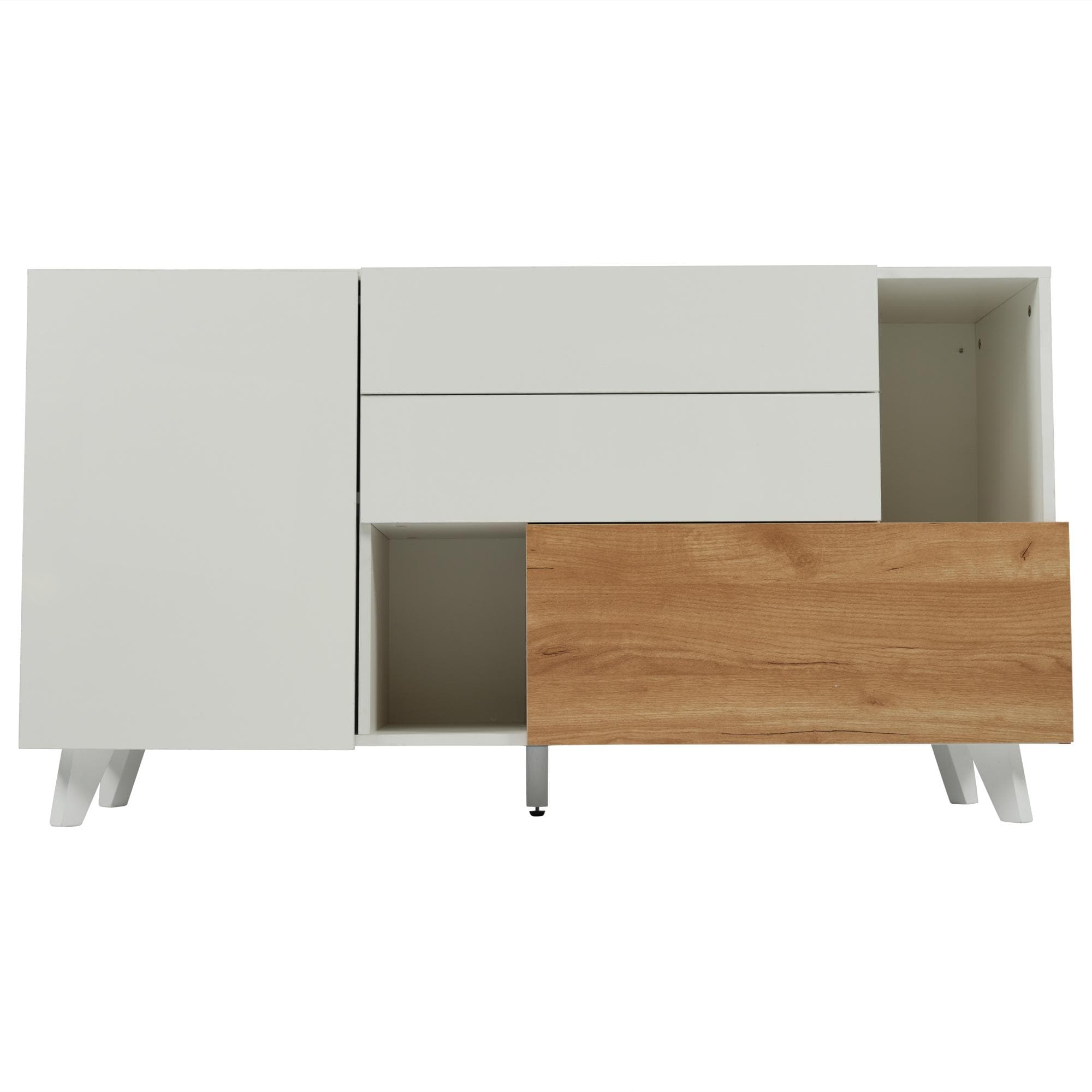 Buffet moderne avec rangement, finition blanc brillant et aspect bois, 130x40x70 cm, Blanc