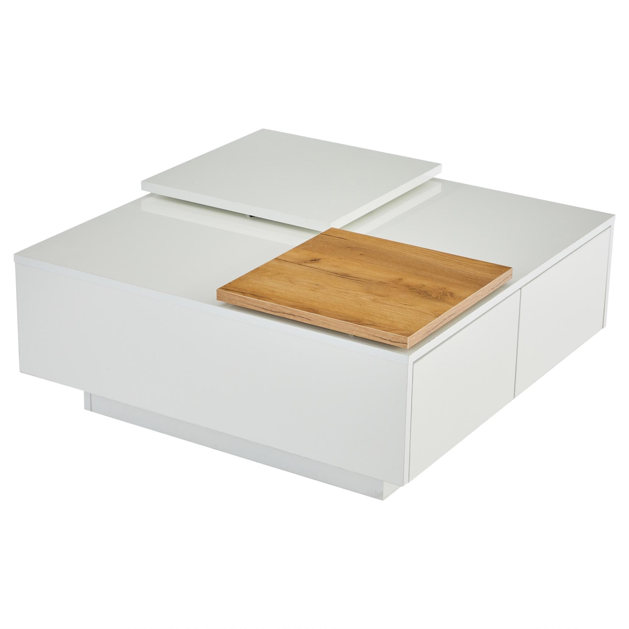 Table basse moderne en finition brillante avec plateaux coulissants et 4 tiroirs, 75x75x33 cm, Blanc