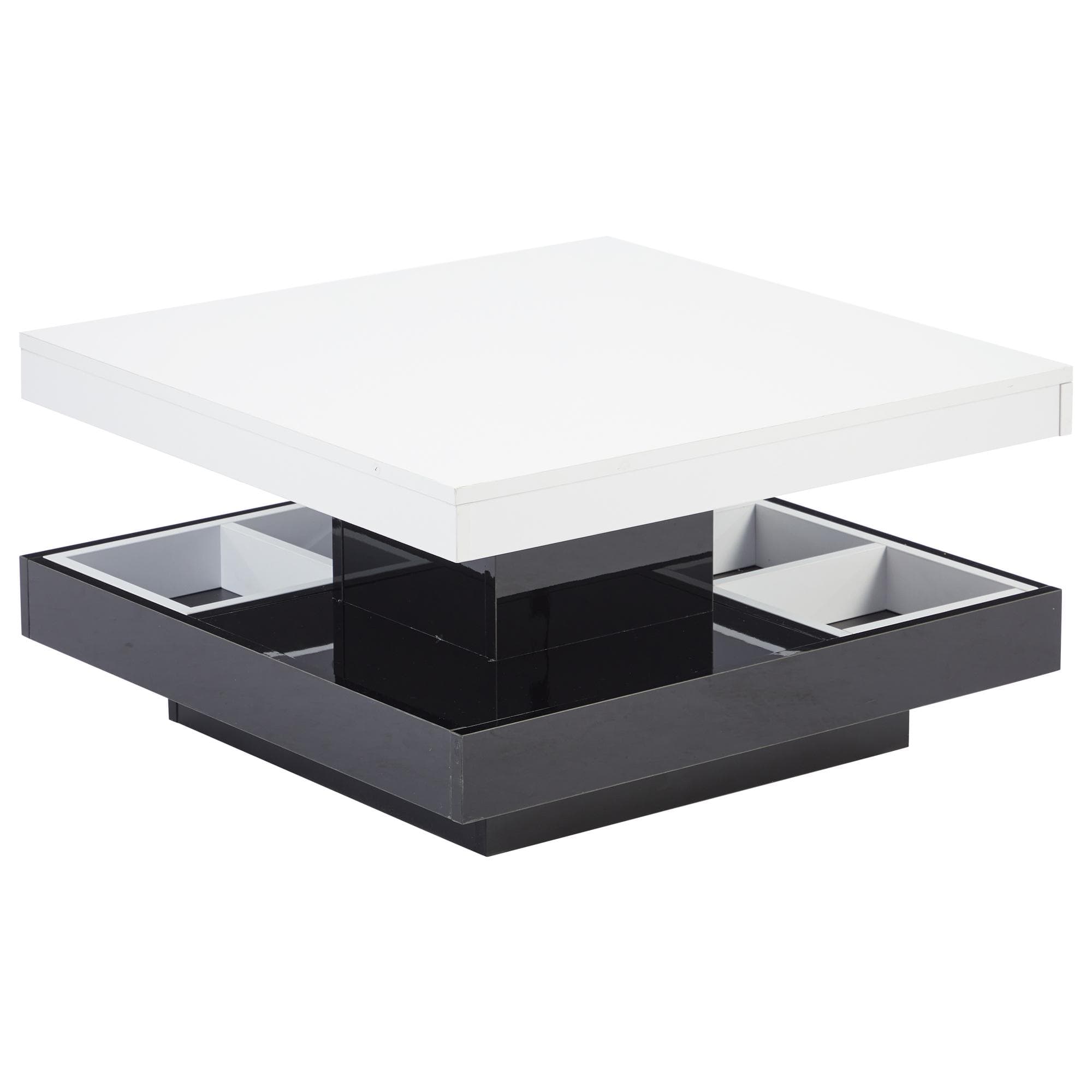 Table basse en finition brillante, pivotante à 360°, plateau à 2 niveaux avec compartiment de rangement, 70x70x36 cm, Blanc + Noir