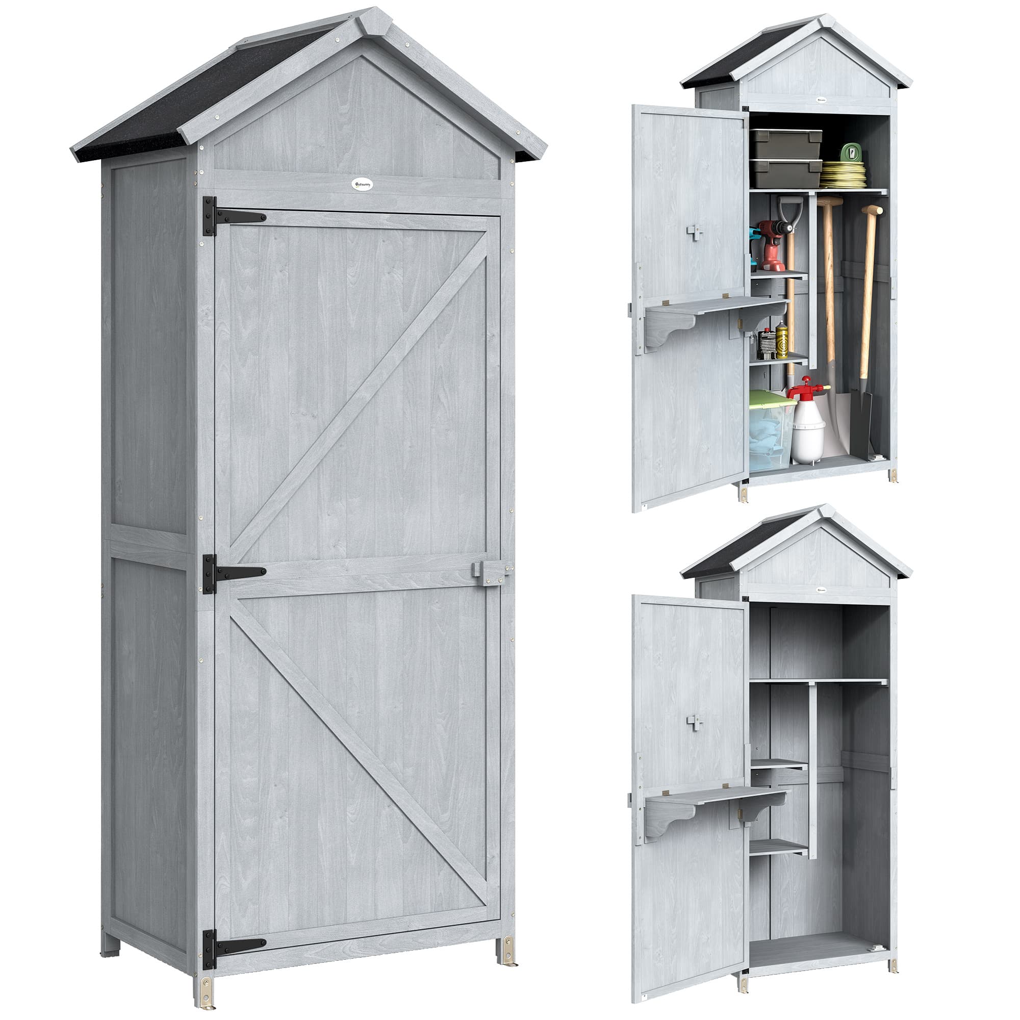 Outsunny Abri en bois, 77x52.5x178cm, Armoire avec établi rabattable