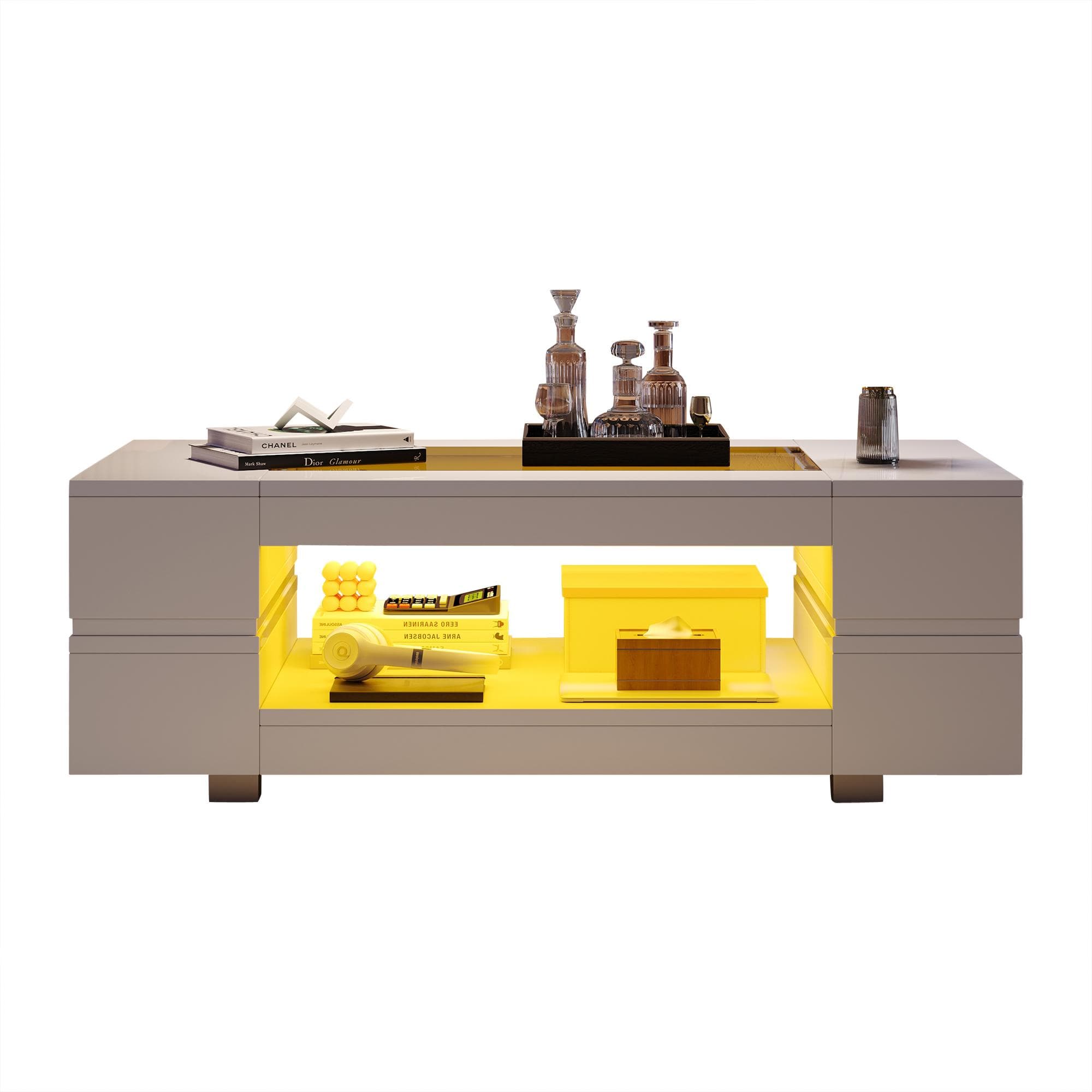 Table basse LED pilotable via l'application Bluetooth, plateau en verre et design creux, 100x50x35 cm, Blanc