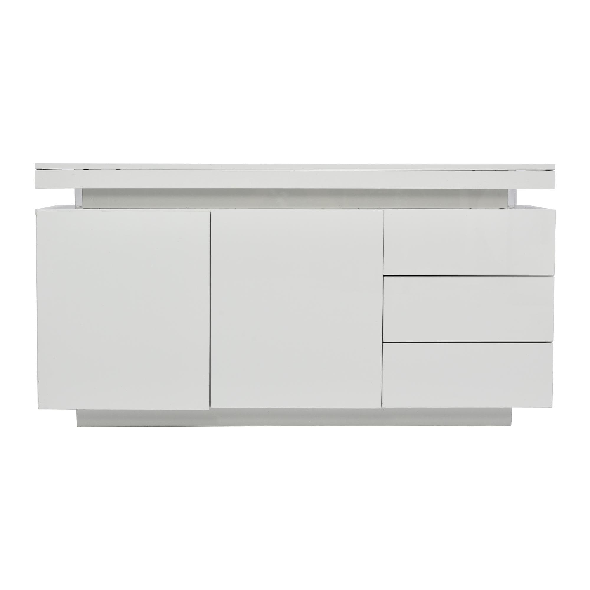Buffet moderne laqué brillant, façades sans poignées, 2 portes et 3 tiroirs, 140x35x72,5 cm, Blanc