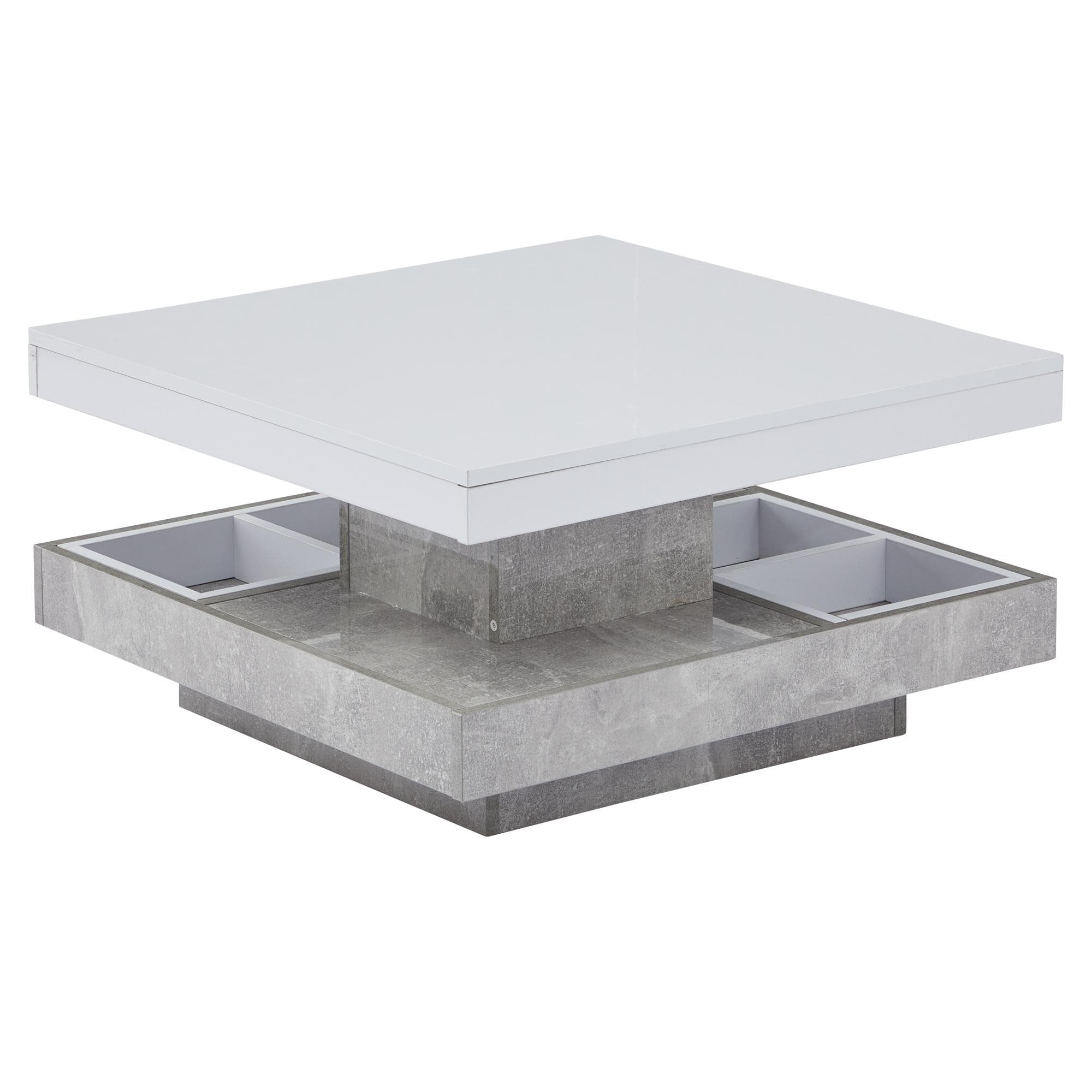 Table basse en finition brillante, pivotante à 360°, plateau à 2 niveaux avec compartiment de rangement, 70x70x36 cm, Blanc