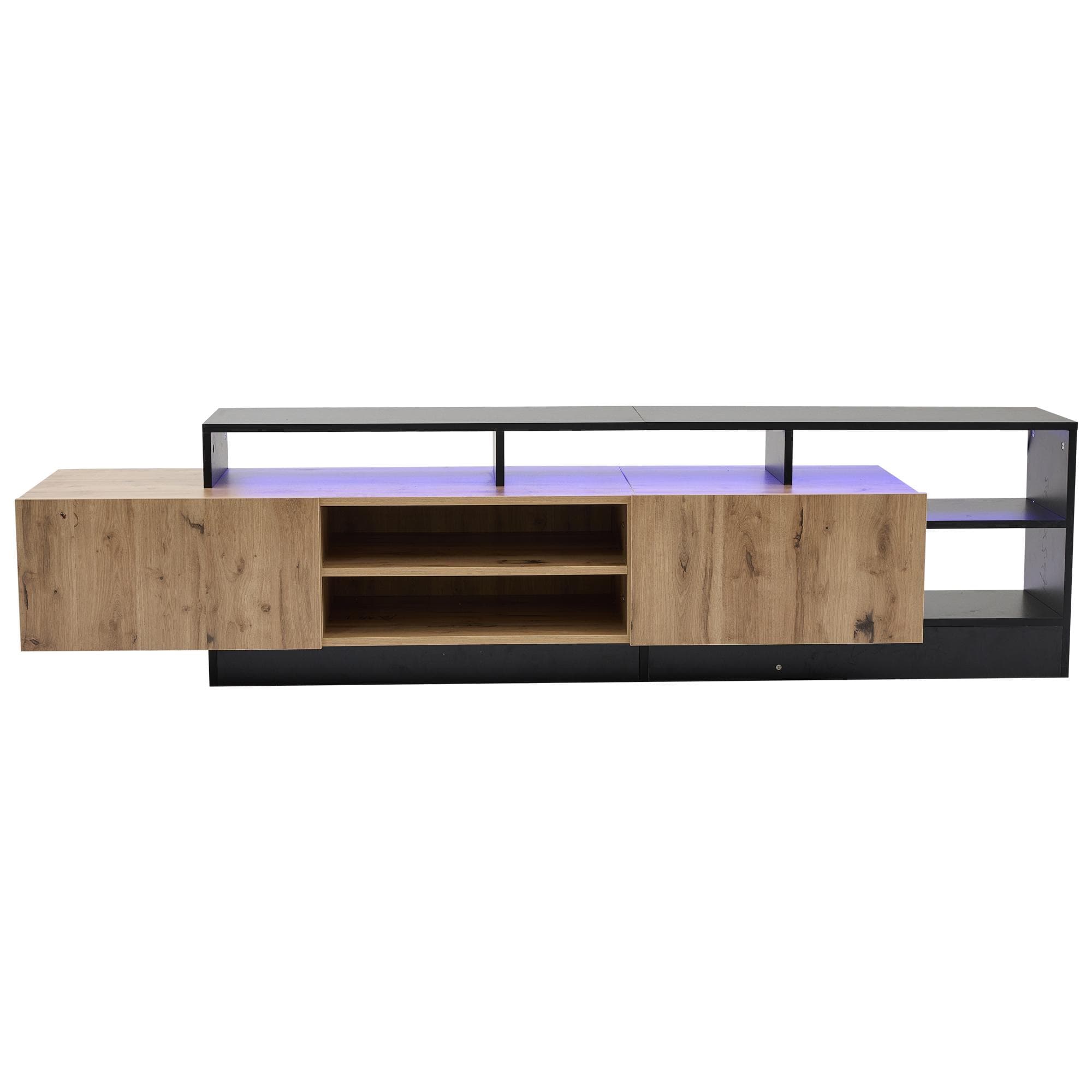 Meuble TV moderne, avec éclairage LED et espace de rangement ouvert, 190x40x48,5 cm, Noir + Couleur naturelle