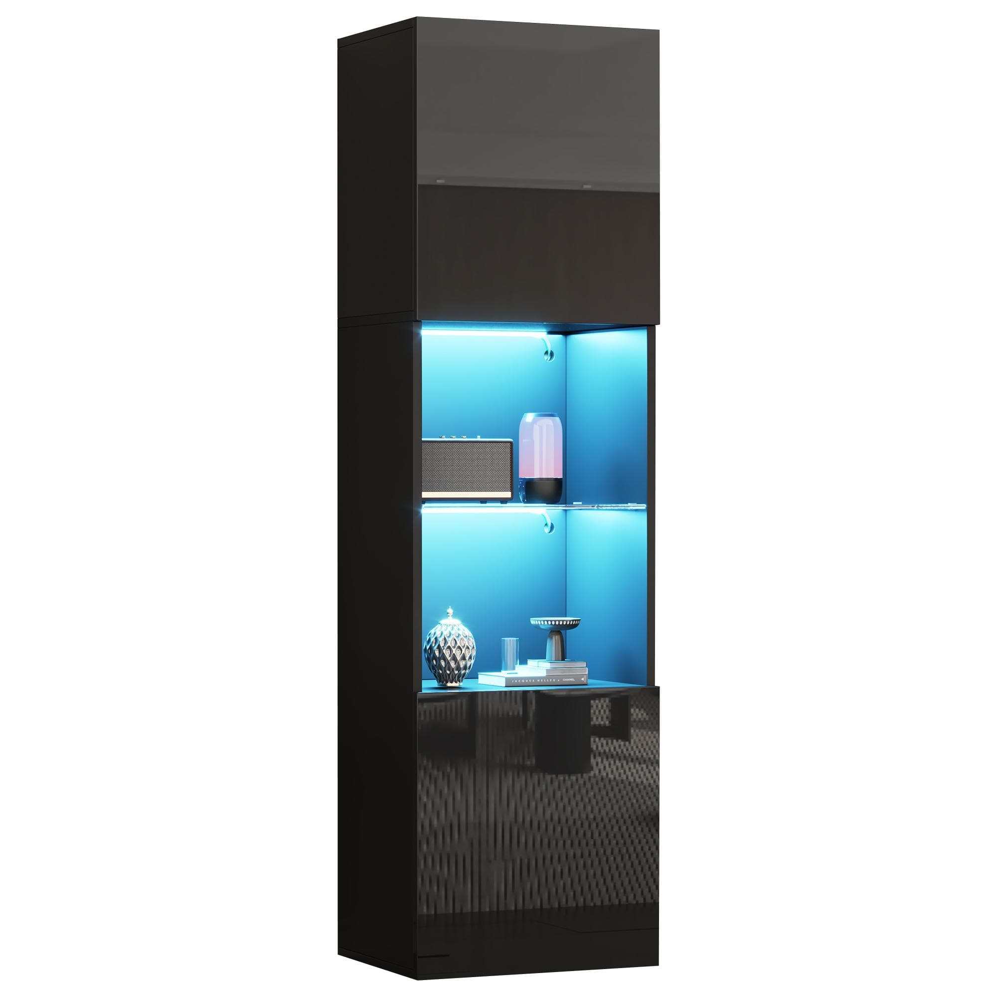 Vitrine en finition brillante avec éclairage LED, 1 étagère en verre, 45x35x160 cm, Noir