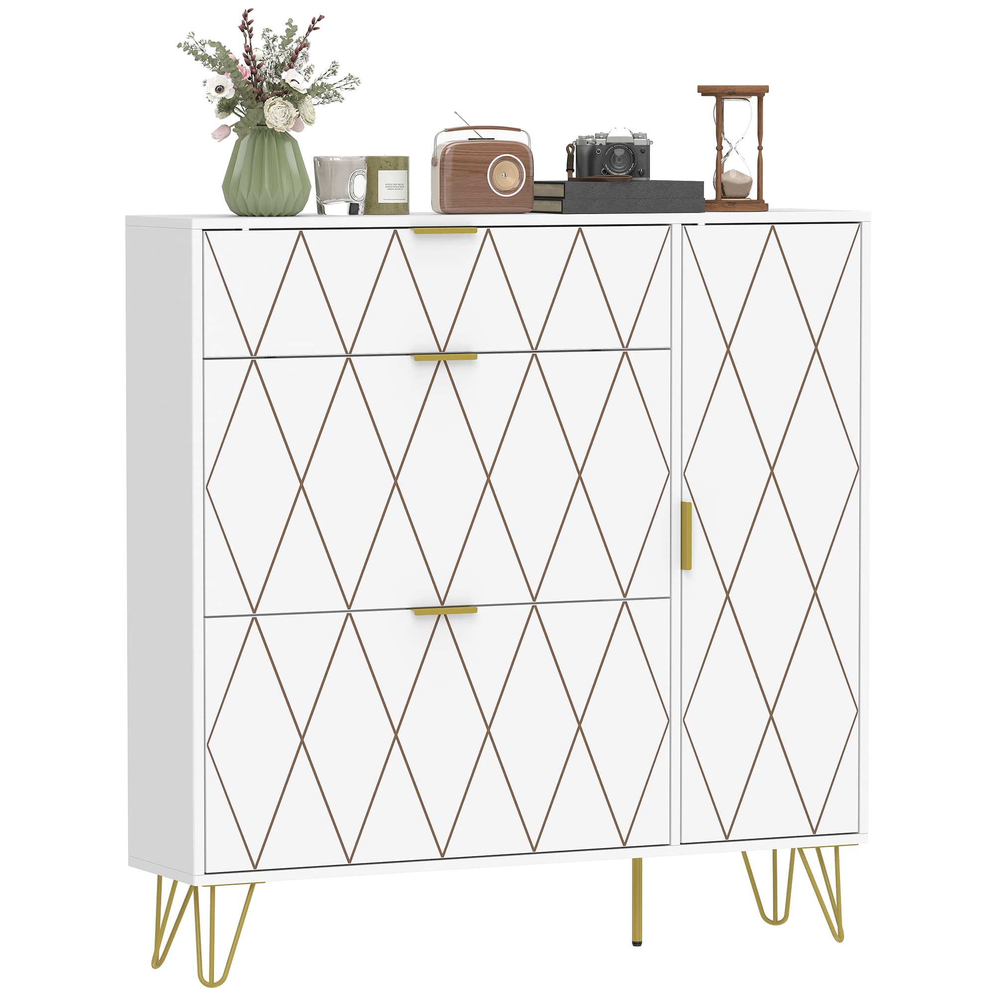 HOMCOM Meuble à chaussures moderne avec 2 tiroirs basculants, armoire et étagères réglables pour 10-14 paires de chaussures, blanc