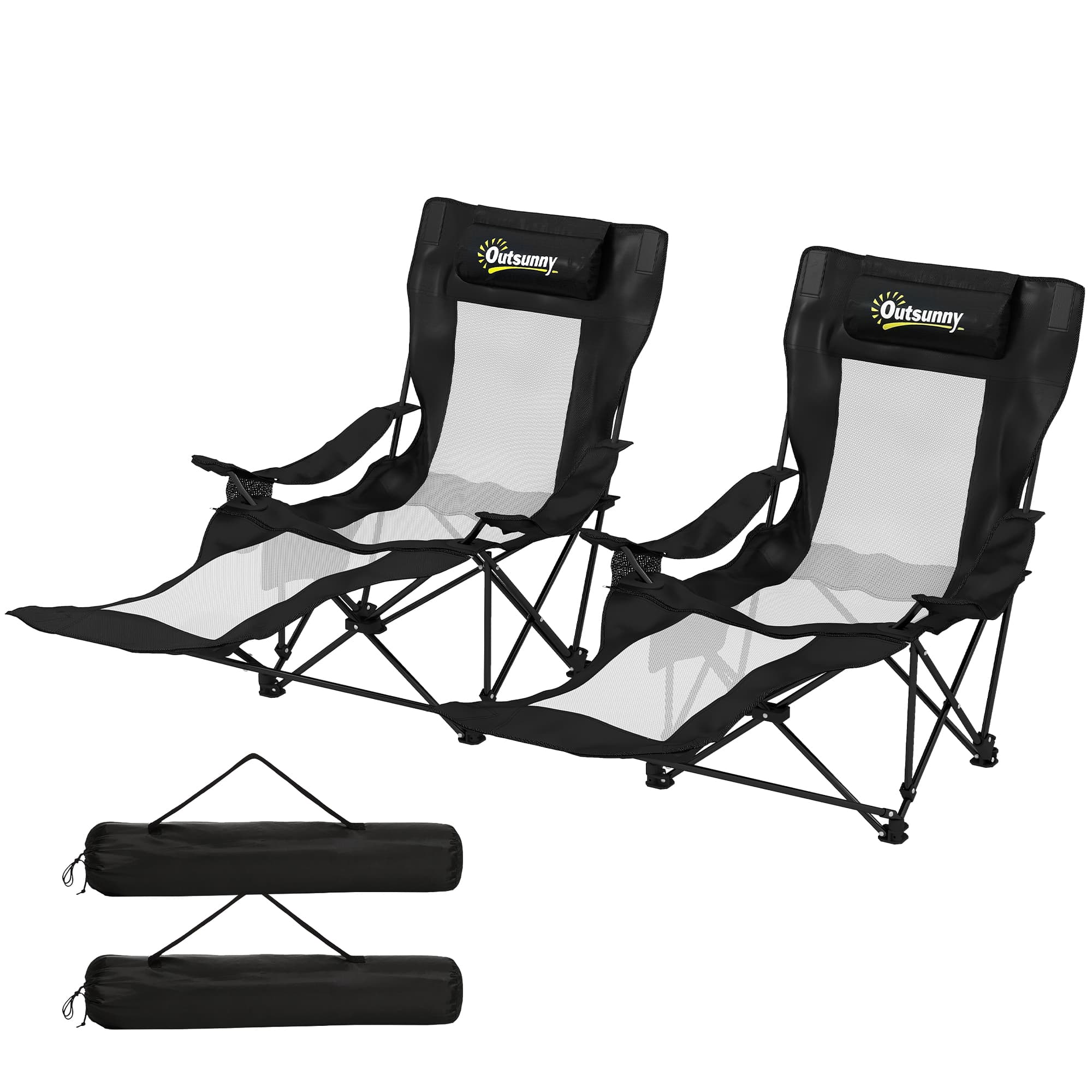 Outsunny Ensemble de 2 Chaises Pliantes de Camping Inclinables avec Repose-pieds Amovible Appuie-tête Porte-gobelet et Housse Noir