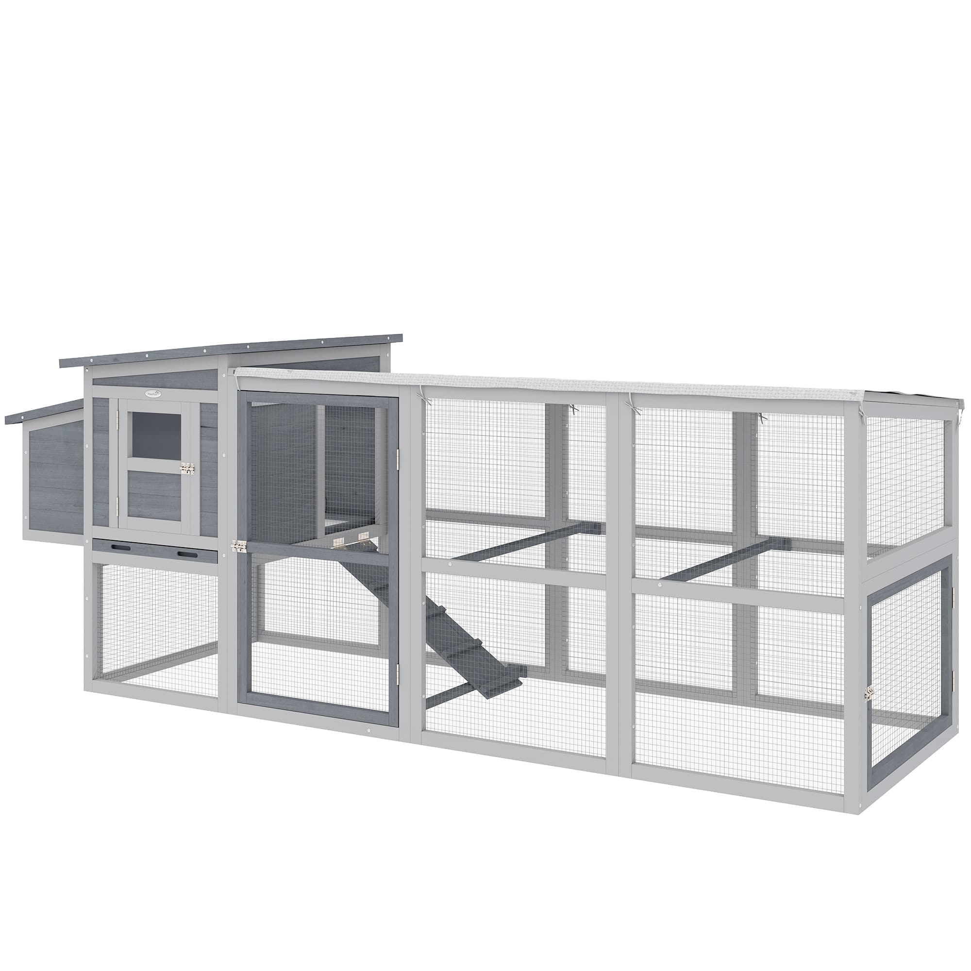 PawHut Poulailler Maison pour 3-4 Poules avec Enclos Nichoir Toit en Bitume Couverture Oxford Tiroir Extractible 264x82x89cm Gris