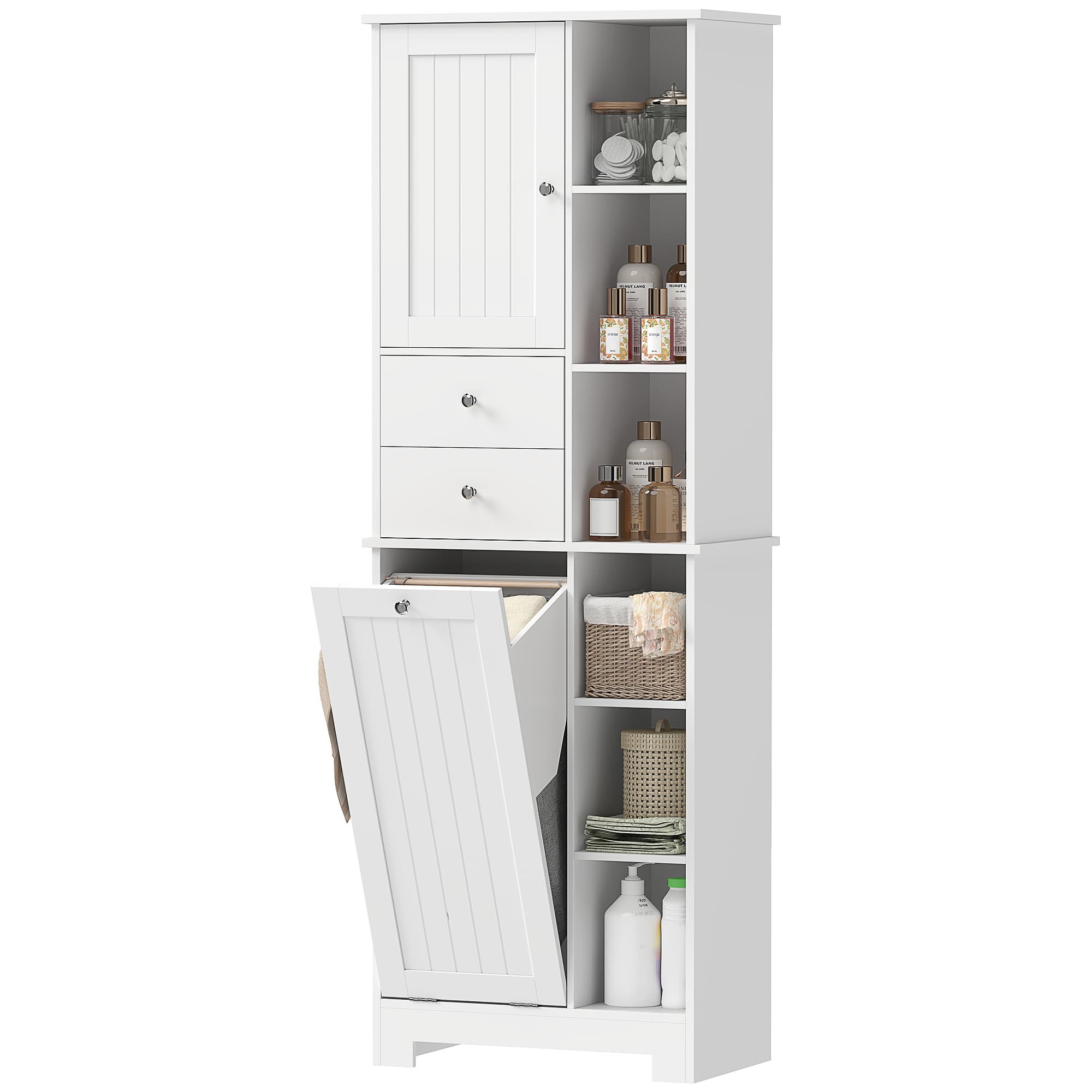 HOMCOM Armoire de Salle de Bains Blanche, Panier à Linge Basculant, Tiroirs