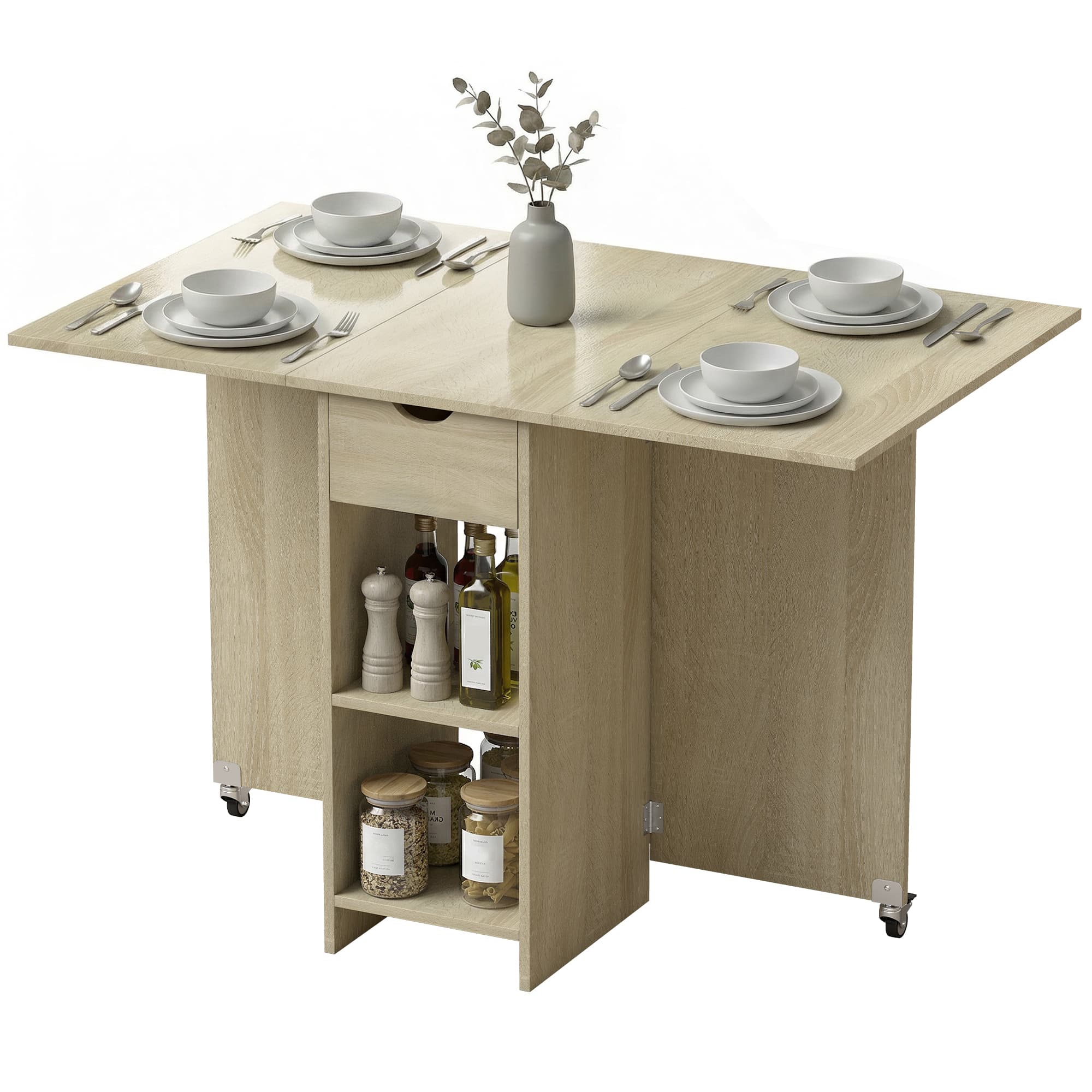 HOMCOM Table à manger pliante pour 2-4 personnes, table roulante avec compartiment ouvert et tiroir, idéale pour petits espaces, Natur