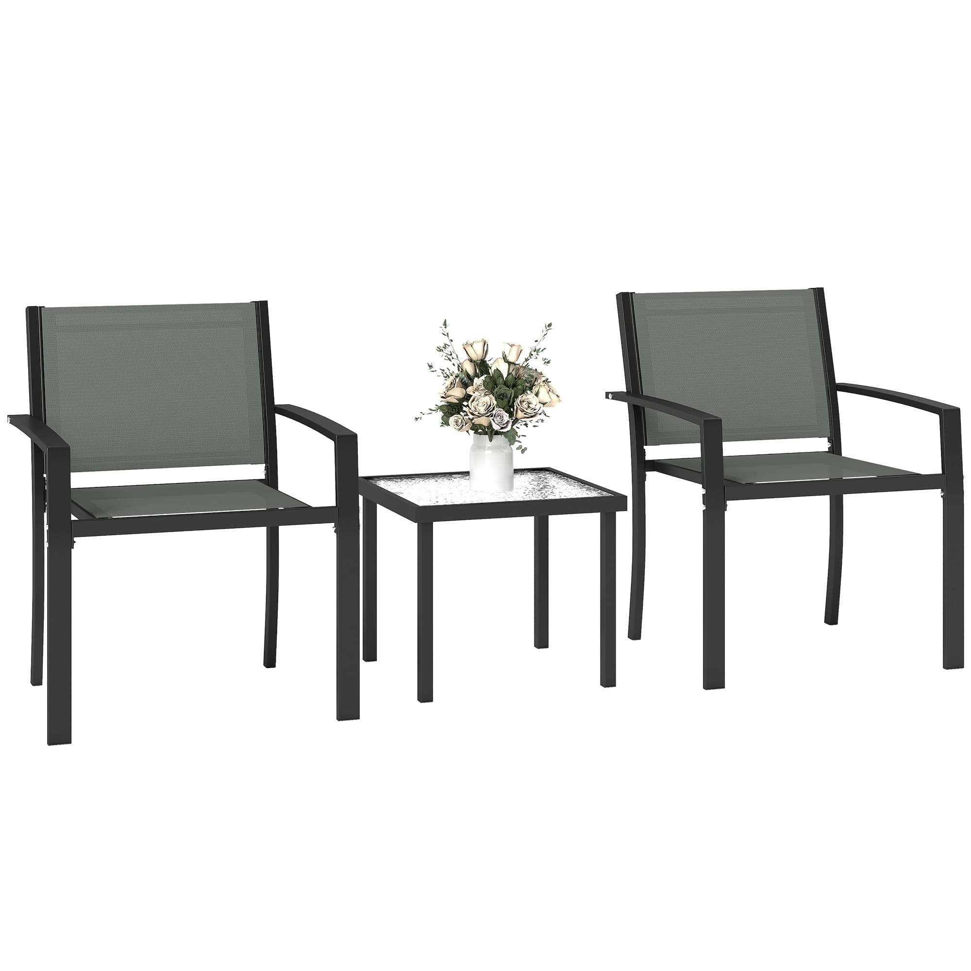 Outsunny Ensemble de Table et Chaises de Terrasse Extérieure 3 Pièces avec 2 Chaises en Textilene Table en Verre Trempé Gris clair