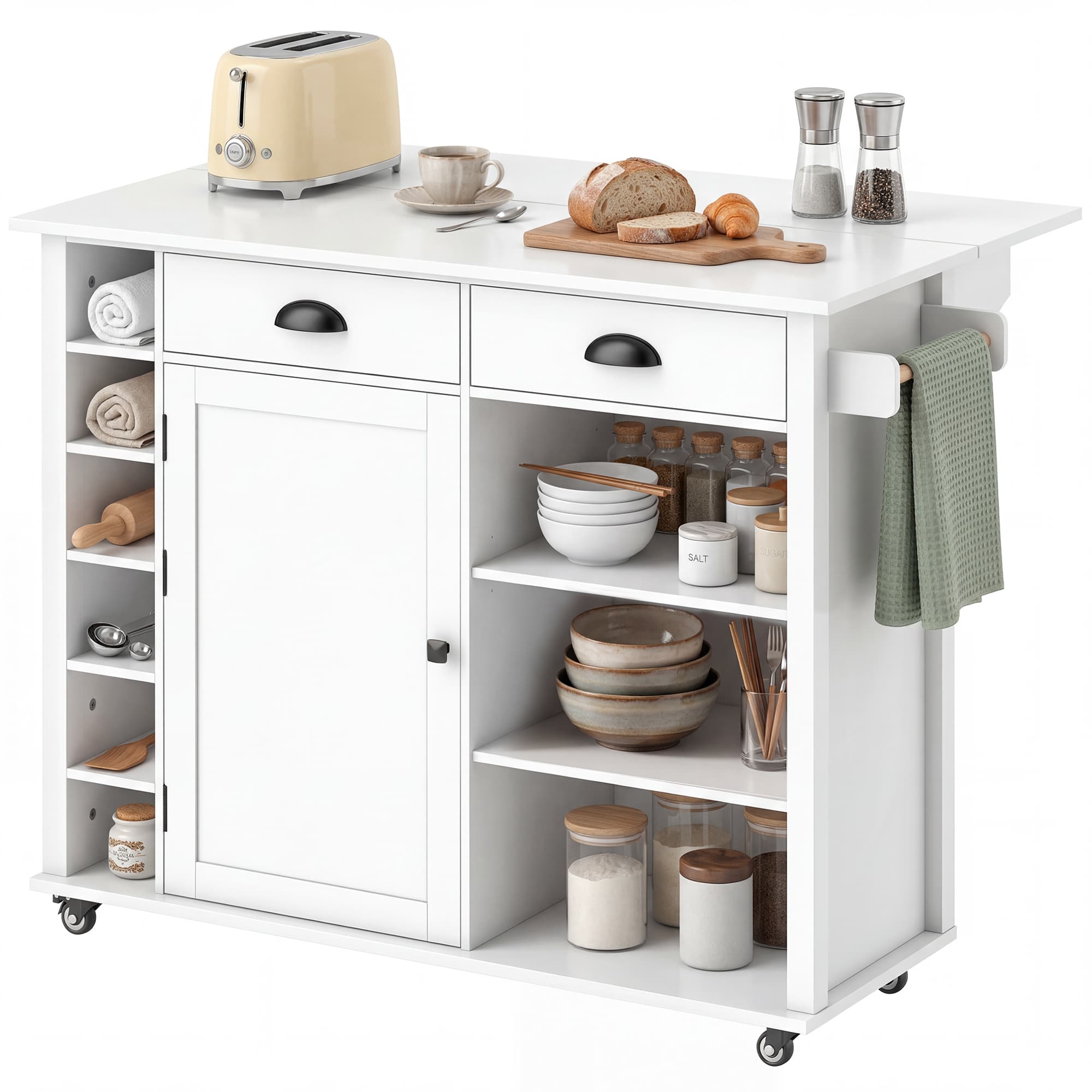 HOMCOM Îlot de cuisine sur roulettes plateau rabattable porte-épices porte-serviettes armoire 2 tiroirs 117,5x70x91 cm blanc
