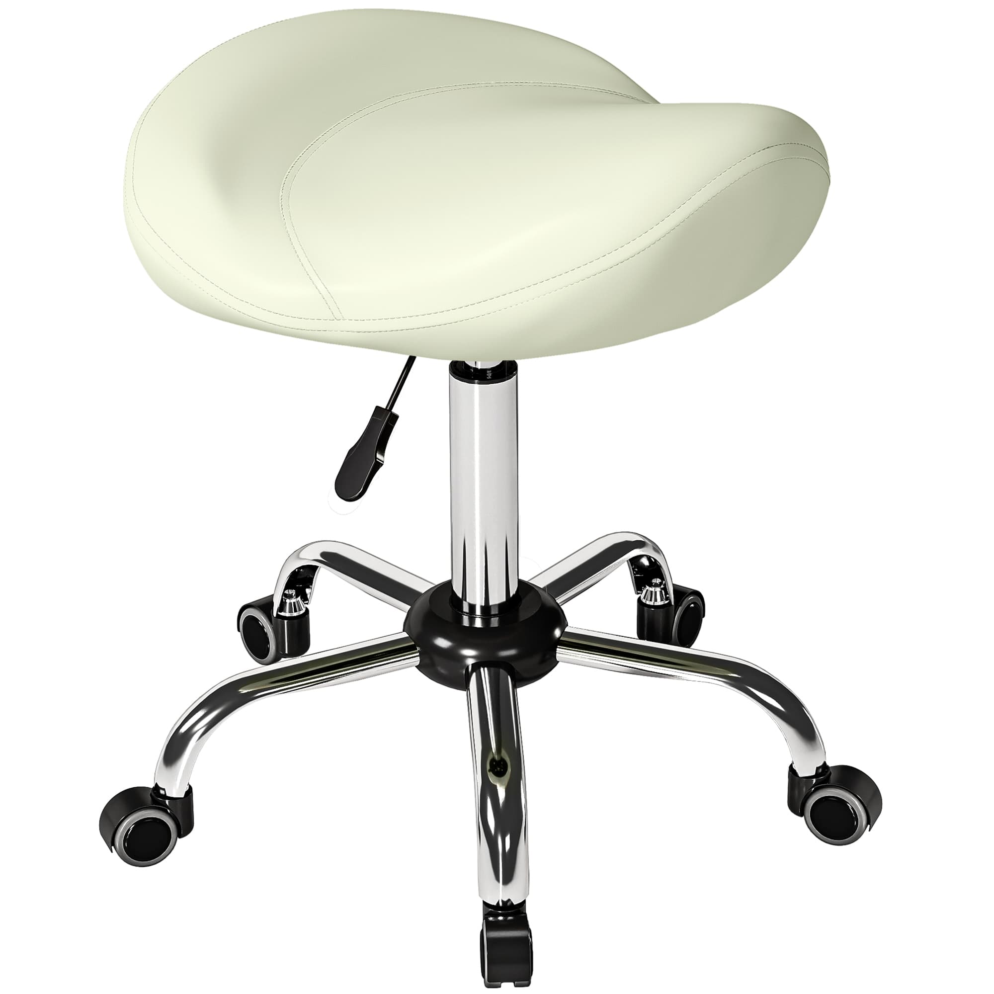 HOMCOM Siège en forme de selle, tabouret roulant réglable en hauteur en PU pour massage, spa, clinique, beauté et tatouage, Crème