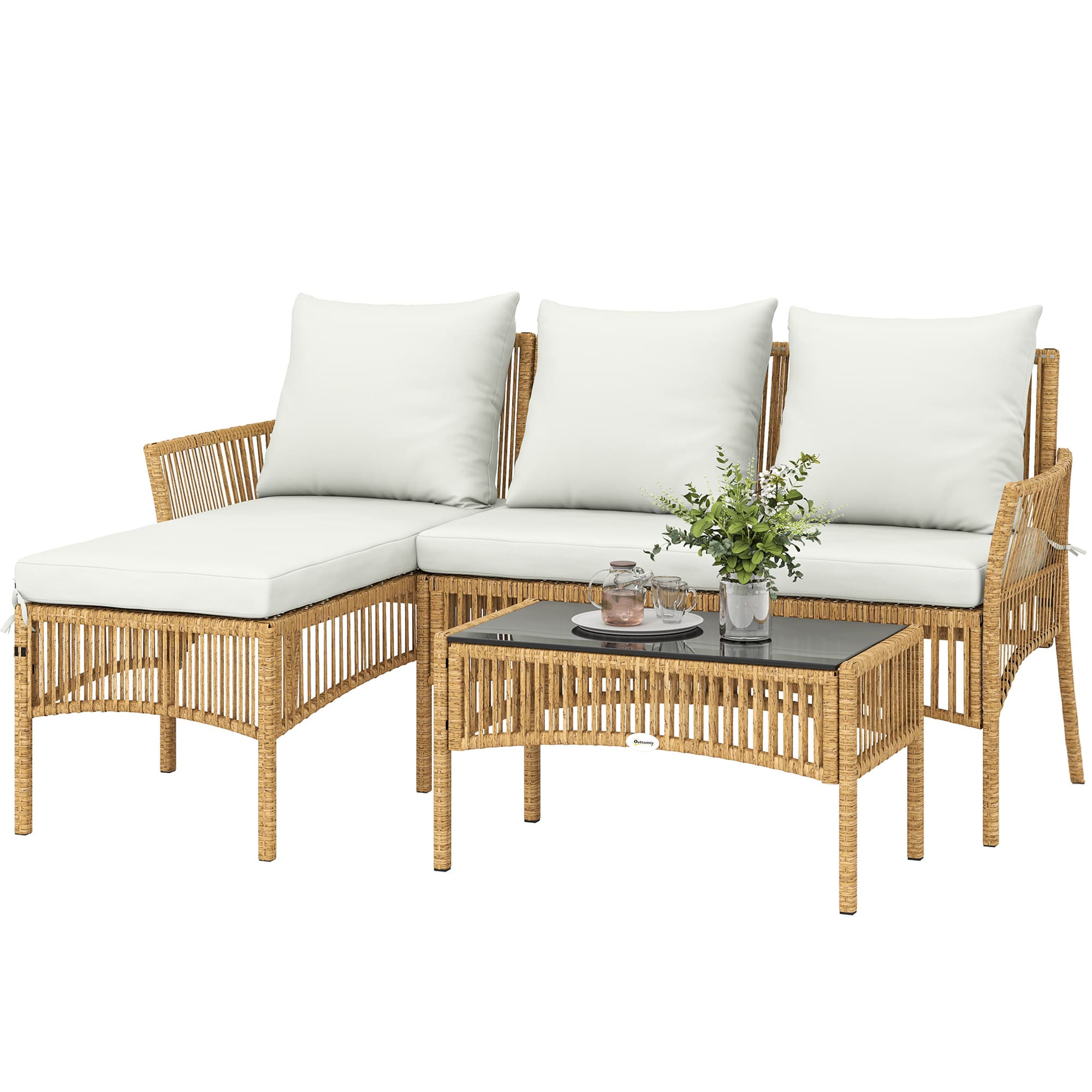 Outsunny Salon de jardin extérieur d'angle 4 places en résine tressée, canapé 2 places, chaise longue, table basse, crème