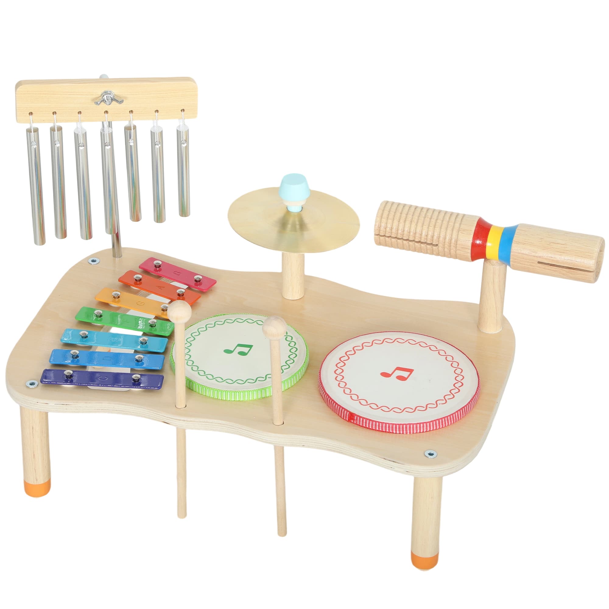 AIYAPLAY Instruments de musique en bois pour enfants style Montessori avec tambour xylophone double tonalité cymbale cloche éolienne