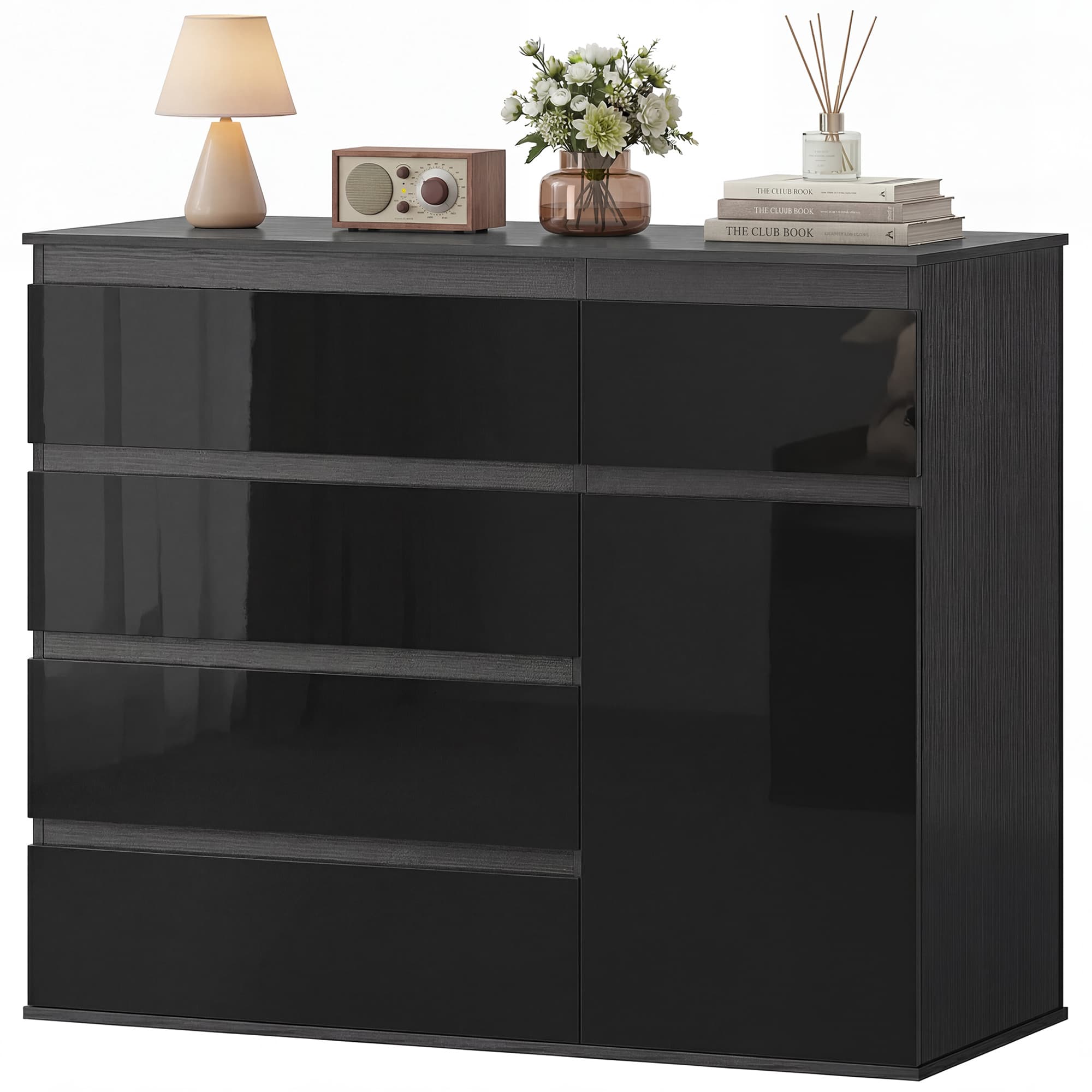 HOMCOM Buffet moderne, buffet de rangement avec 5 tiroirs, étagère réglable, porte Soft-Close, noir laqué