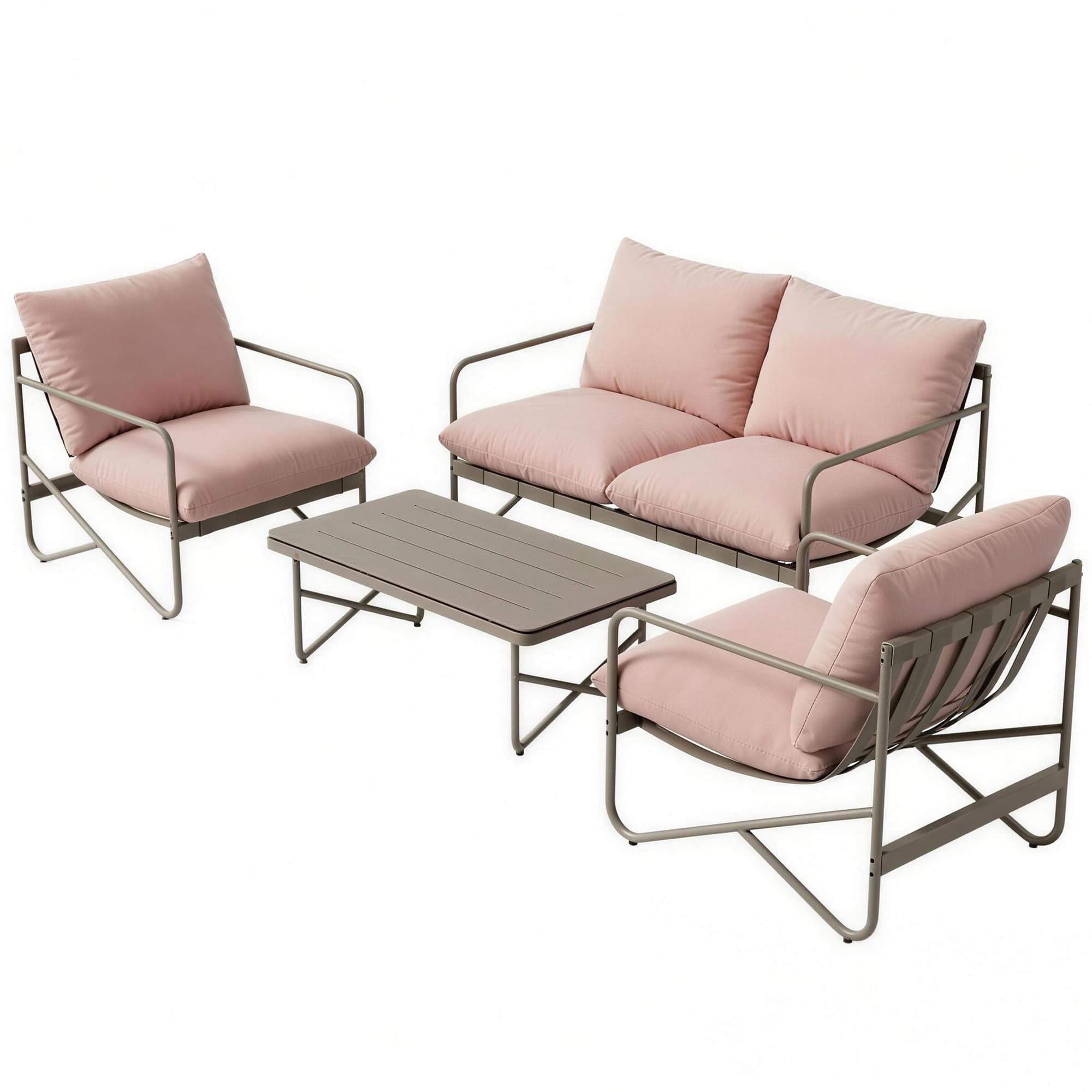 Outsunny Ensemble de jardin 4 personnes : Canapé, Fauteuils, Table, Métal, Rose