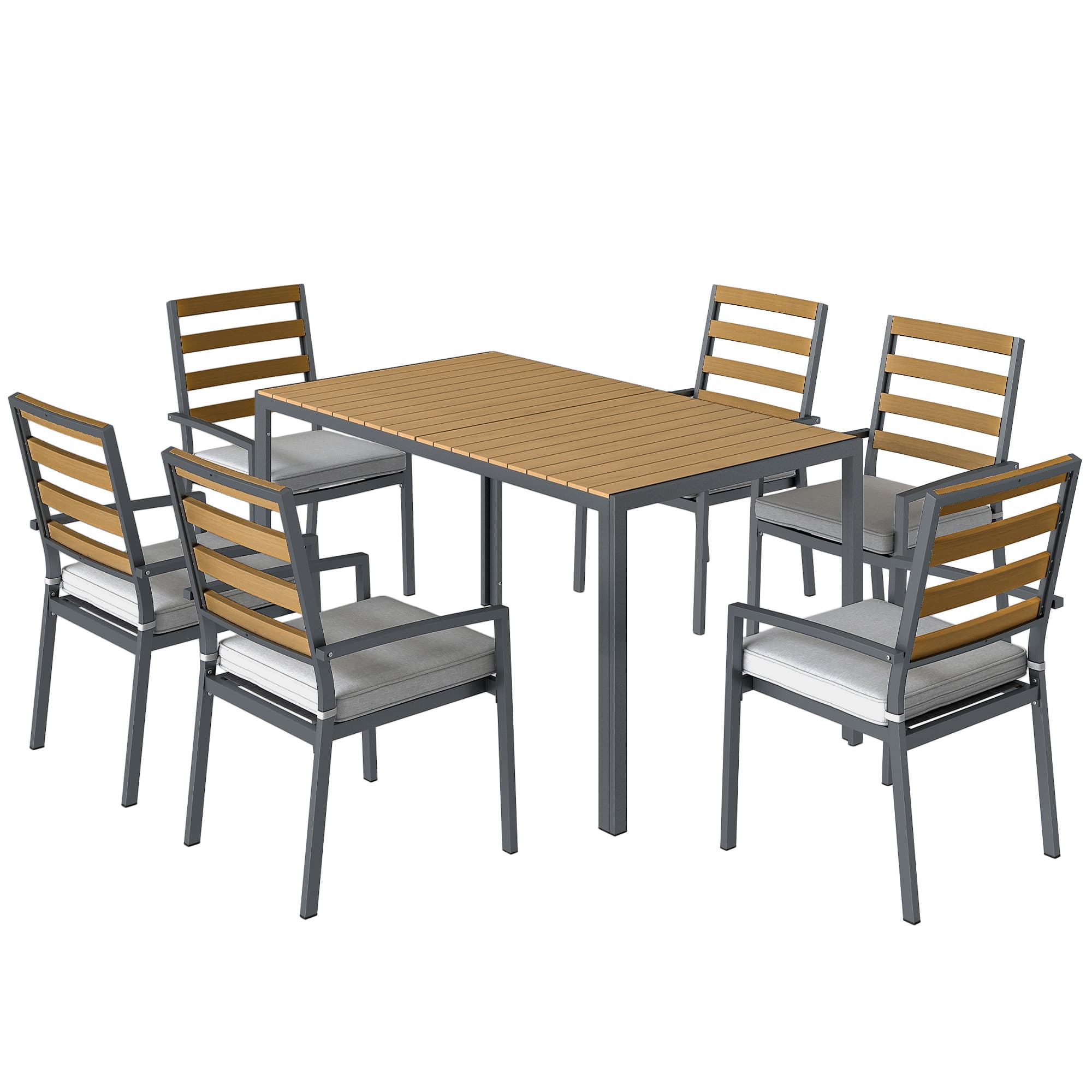 Outsunny Ensemble de jardin 7 pièces, mobilier avec 1 table à manger, 6 chaises, coussins, pour terrasse, bois naturel