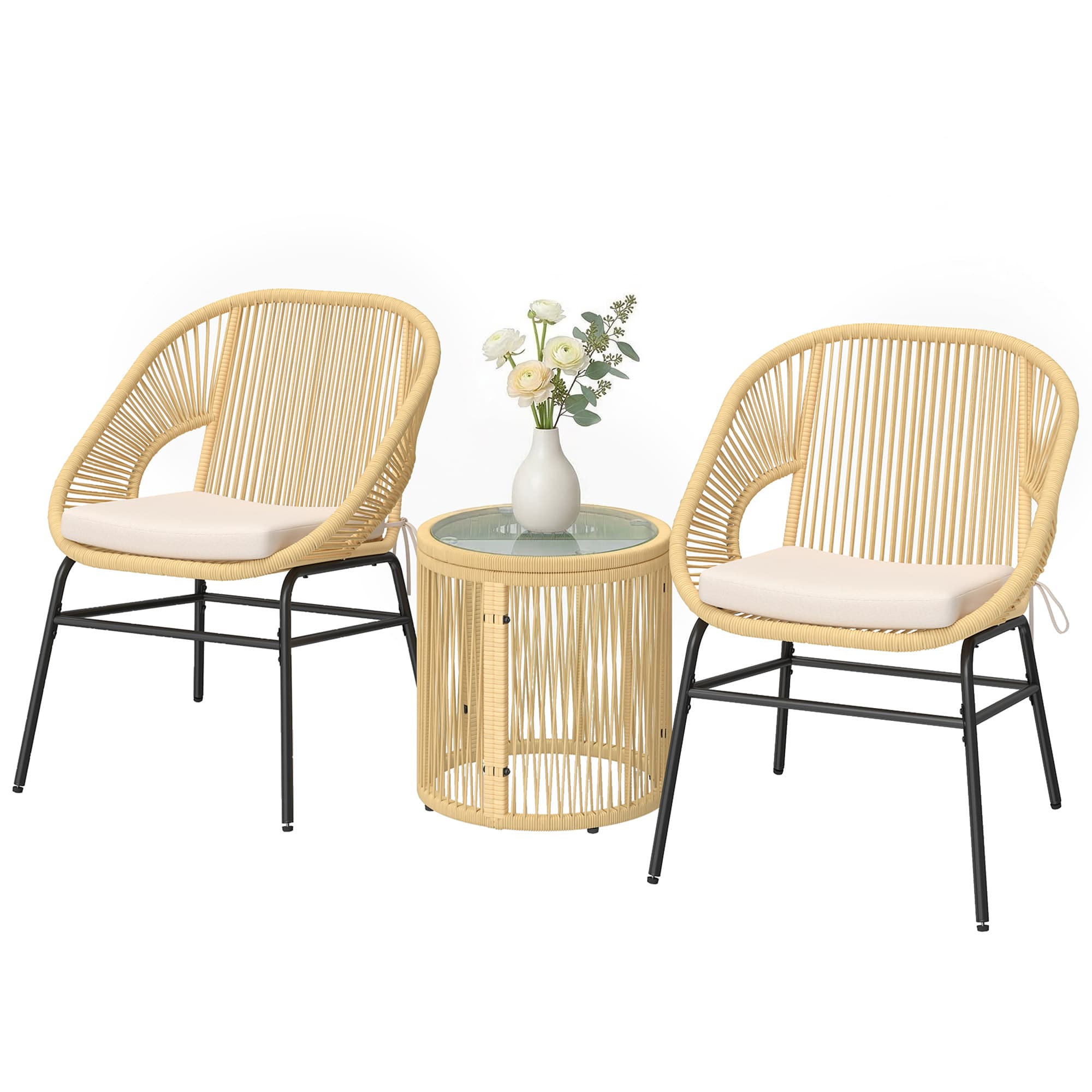 Outsunny Set bistrot 3 pièces en rotin et acier avec 2 chaises, table ronde avec plateau en verre trempé, Beige