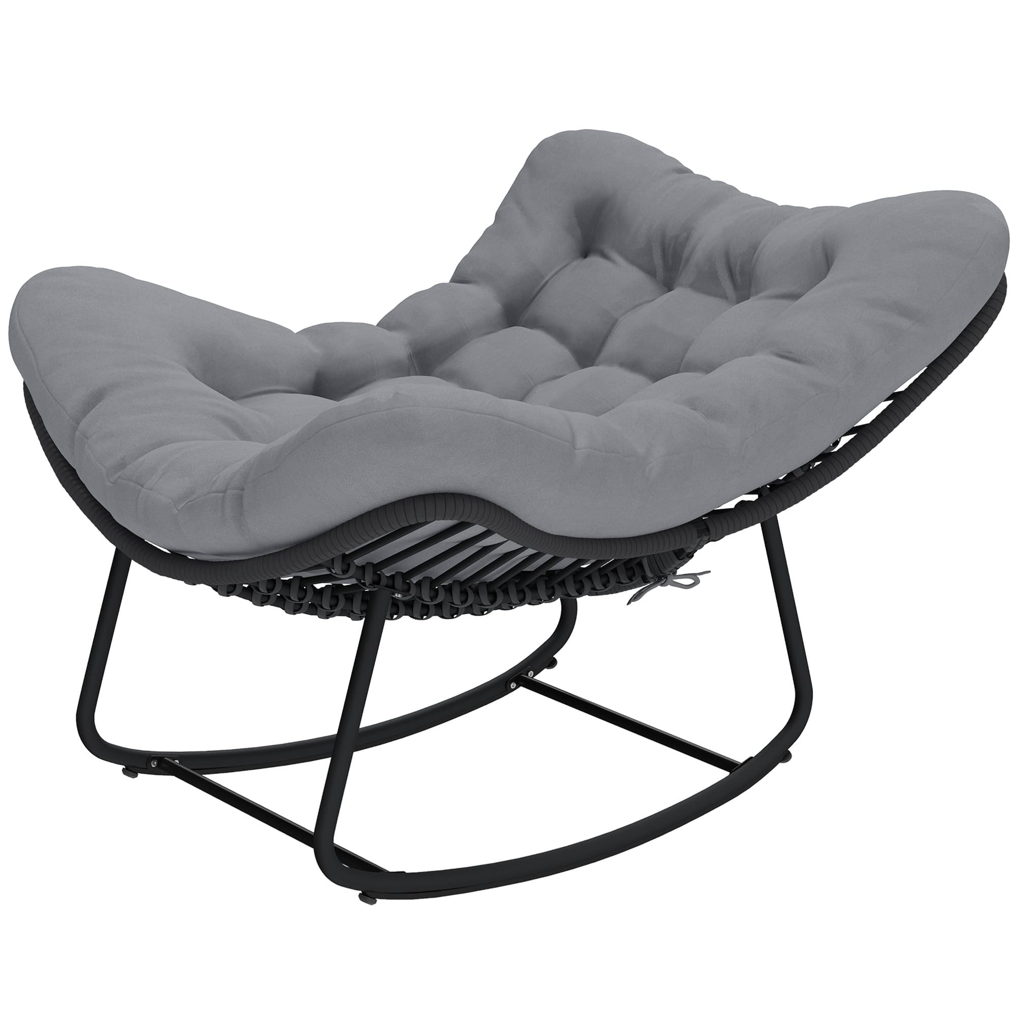 Outsunny Chaise à bascule en rotin avec coussin moelleux pour jardin, balcon, Gris foncé