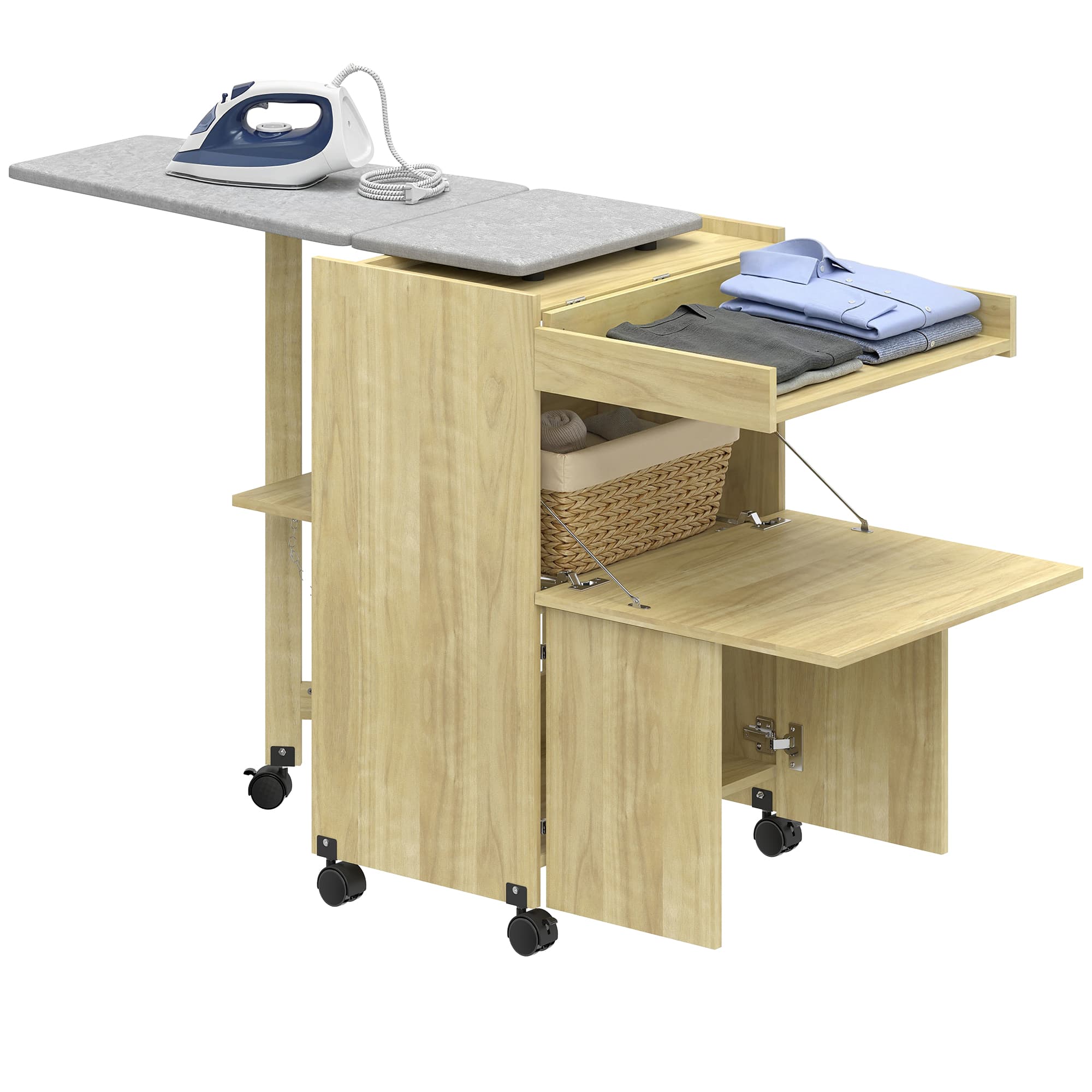 HOMCOM Armoire-table à repasser pliable avec porte-fer et porte-vêtements avec compartiment ouvert,154x55x87 cm, Bois naturel