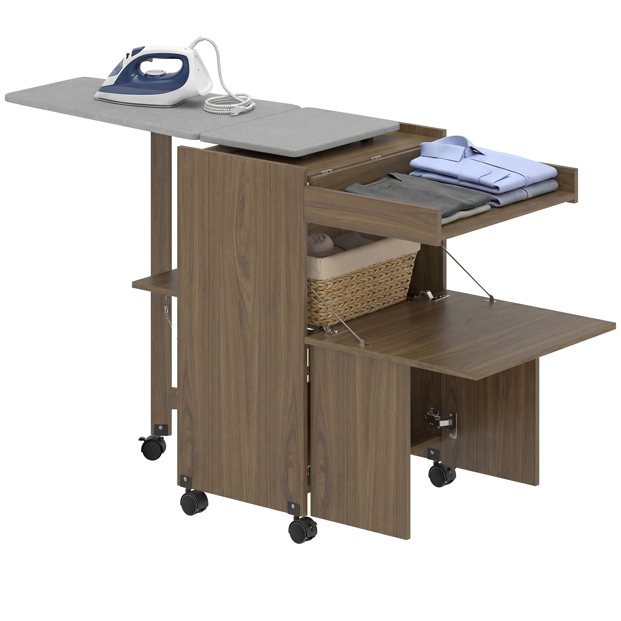 HOMCOM Armoire-table à repasser pliable avec porte-fer et rangement pour vêtements avec compartiment ouvert,154x55x87 cm, Marron