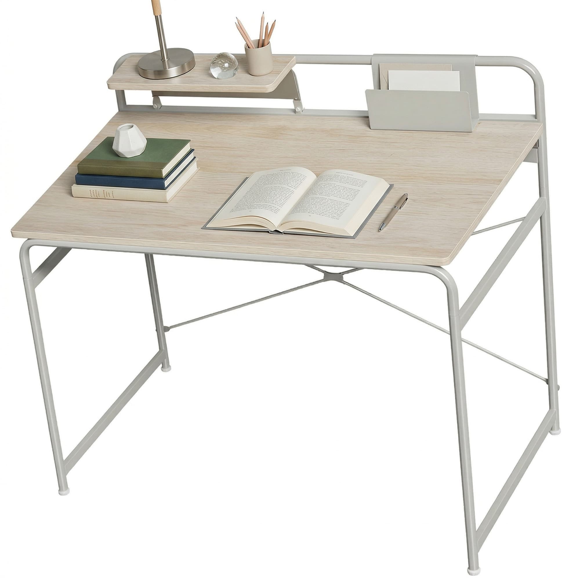 HOMCOM Bureau moderne avec étagère et structure métallique Montage facile 98x48x88,5 cm Chêne