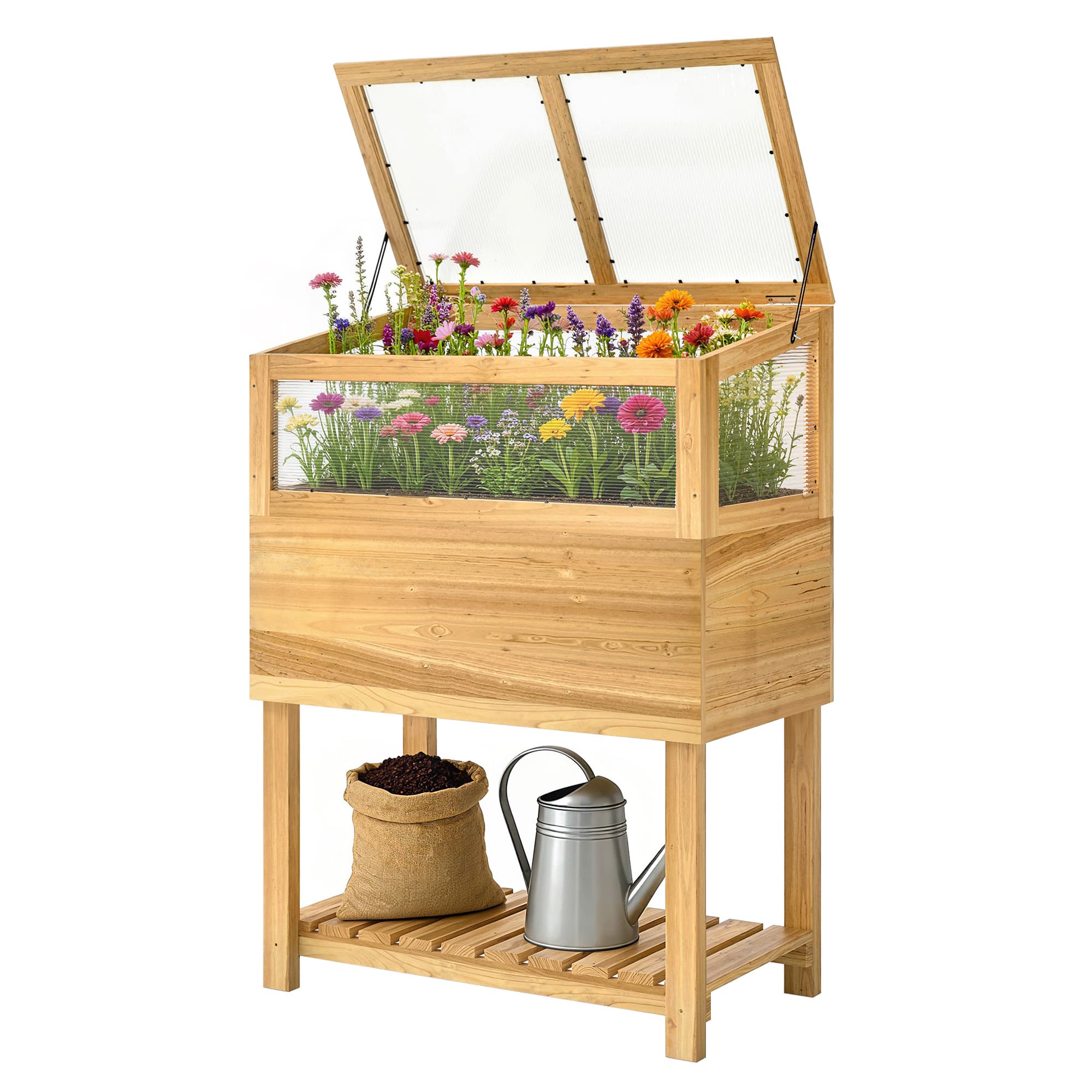 Outsunny Carré Potager sur Pieds avec Serre en Bois avec Couvercle Relevable, Étagère de Rangement, 80x45x108,5cm, Naturel