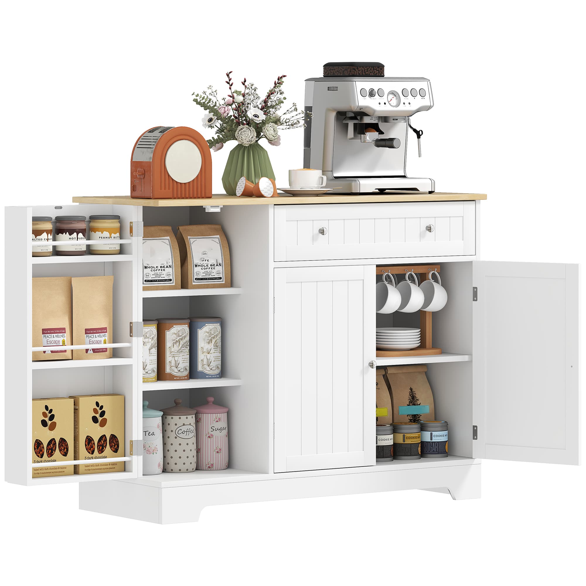 HOMCOM Buffet cuisine, meuble de rangement avec 3 portes, tiroir, étagères de porte et étagère réglable, 105x40x83cm, blanc