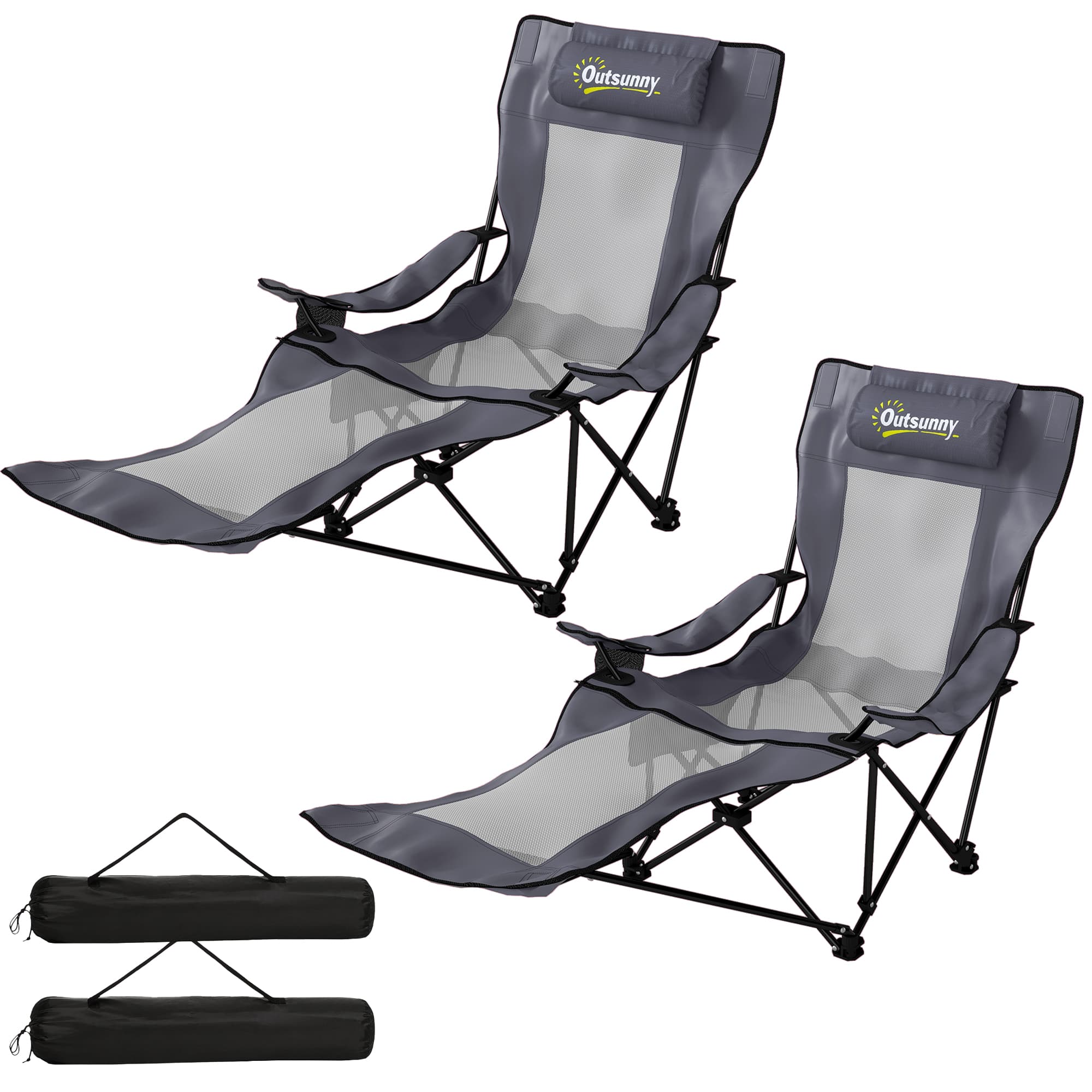 Outsunny Lot de 2 chaises de camping pliantes chaise de pêche avec dossier réglable repose-pieds porte-boisson appui-tête Gris foncé
