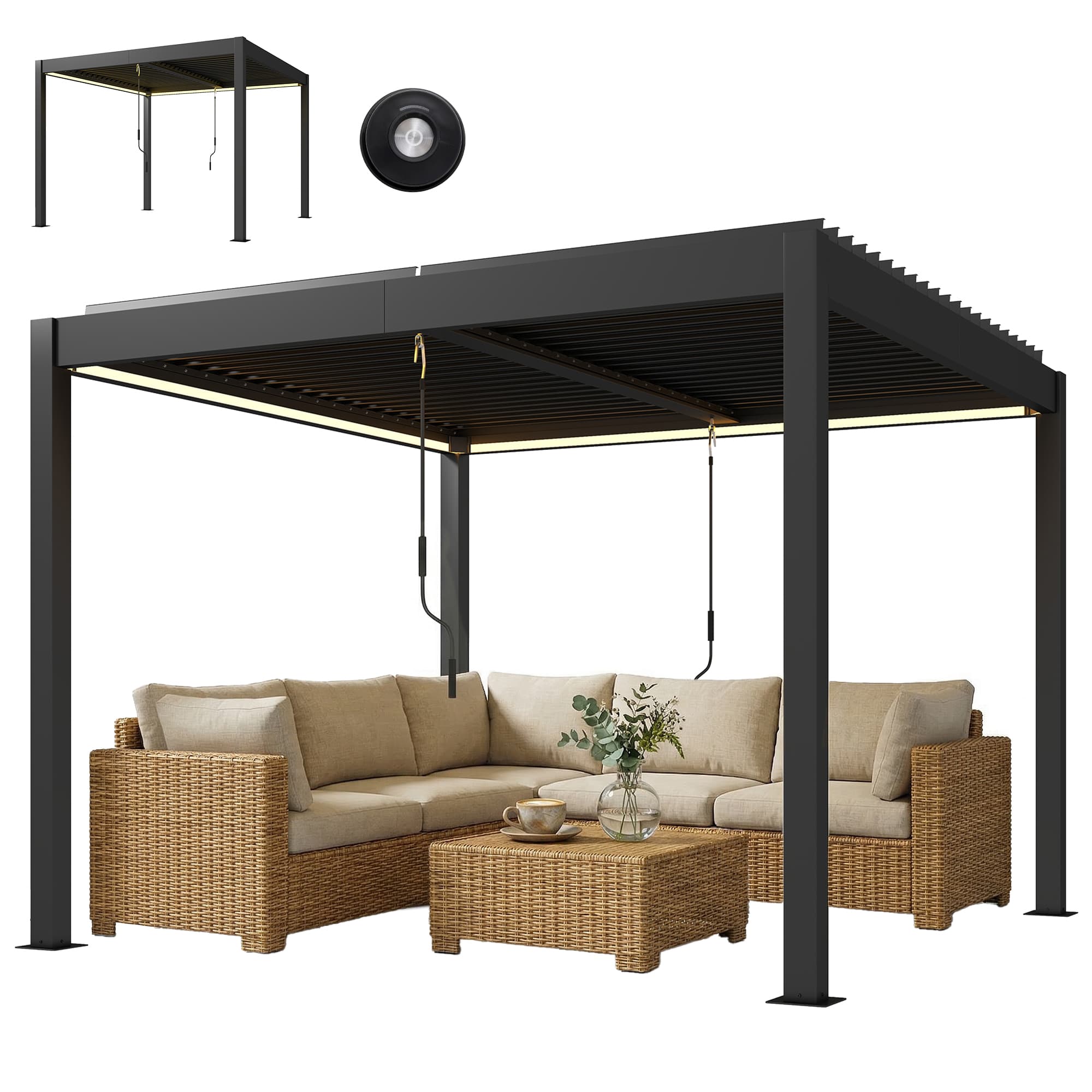 Outsunny Pergola 3x3 m toit de terrasse en aluminium avec éclairage LED, télécommande, lames réglables