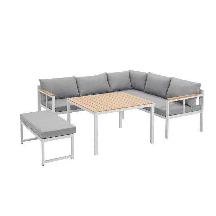 Salon de jardin d'angle 6 personnes - Aluminium - BAIA - canapé d'angle + 1 banc + table haute - Gris