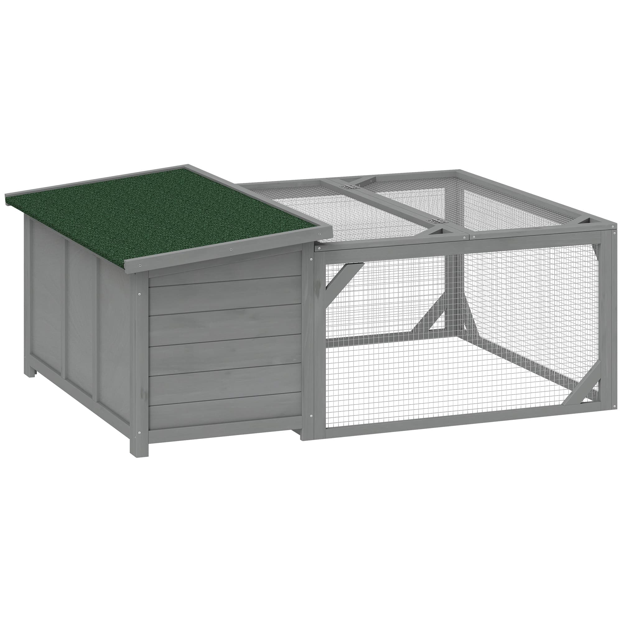 PawHut Clapier Clapier pour lapins bois Cage pour lapins avec toit en bitume ouvrant, enclos de promenade, portes 125,5x100x49 cm Gris