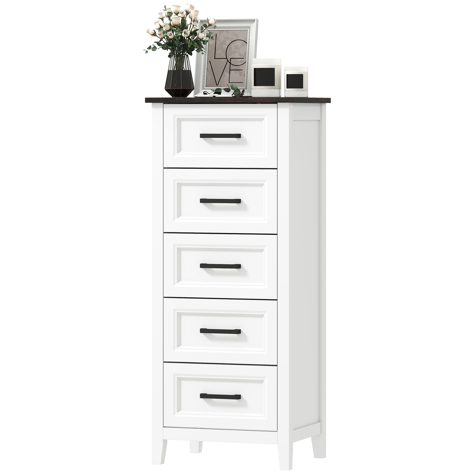 HOMCOM Commode de chambre étroite et haute avec dessus effet bois Chiffonnier pour petits espaces 45x35x106 cm blanc