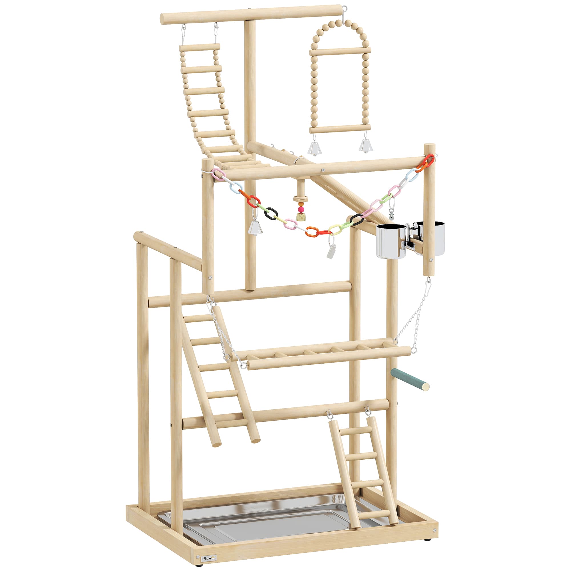 PawHut Aire de jeux pour oiseaux, terrain de jeu pour perroquet, échelles, jouet à chaîne, plateau, 48x38x95cm, bois naturel