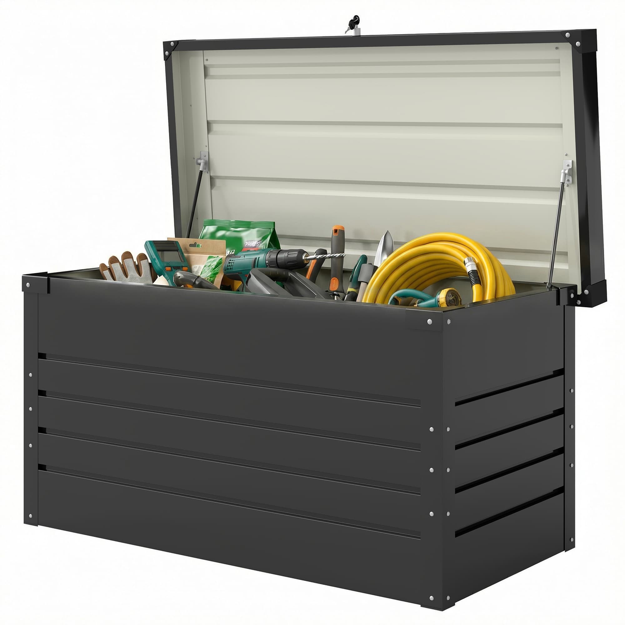 Outsunny Coffre de rangement métal boîte de jardin 450L double vérins à gaz verrouillable pour coussins outils gris anthracite