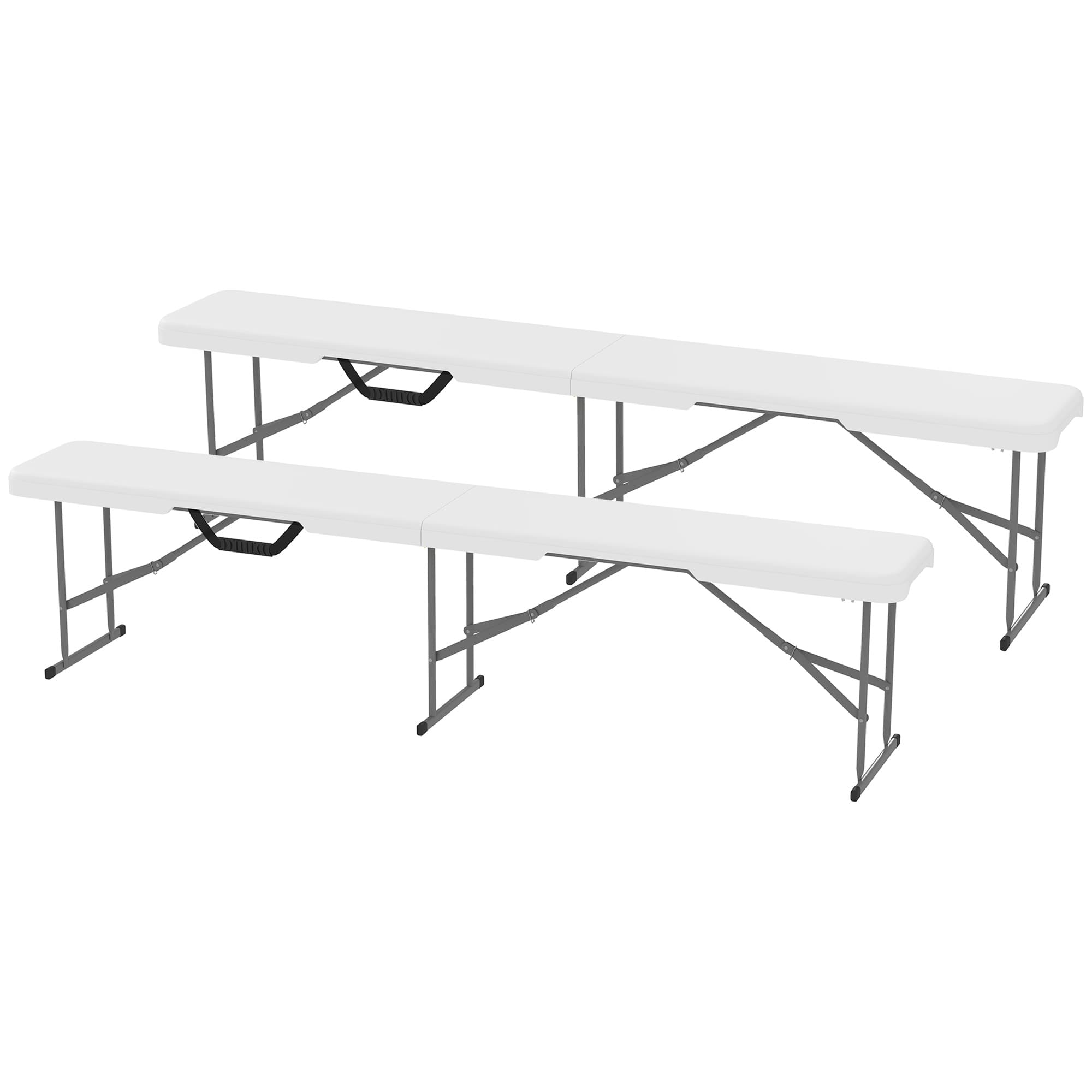 Outsunny Banc de jardin Lot de 2 bancs pliants avec poignée de Transport en Métal et HDPE 182 x 28 x 42 cm Blanc