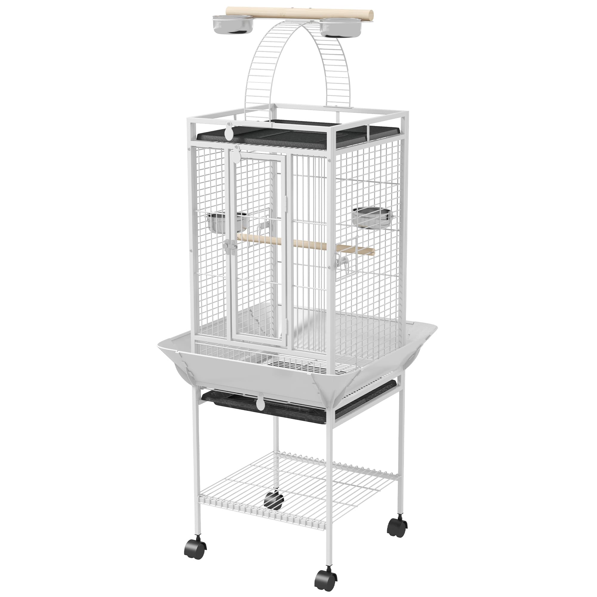 PawHut Cage oiseaux, voliere oiseaux à roulettes avec support, plateau coulissant, perchoir en bois, 62,5x62,5x156cm, blanc