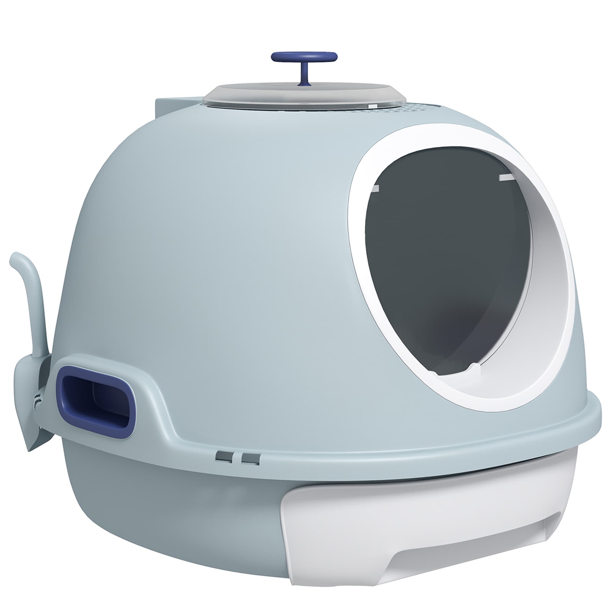 Pawhut Maison de Toilette Portable pour Chat Tiroir à Litière Coulissant Porte Battante Lucarne + Pelle Fournis dim. 47L x 55l x 44H cm Bleu