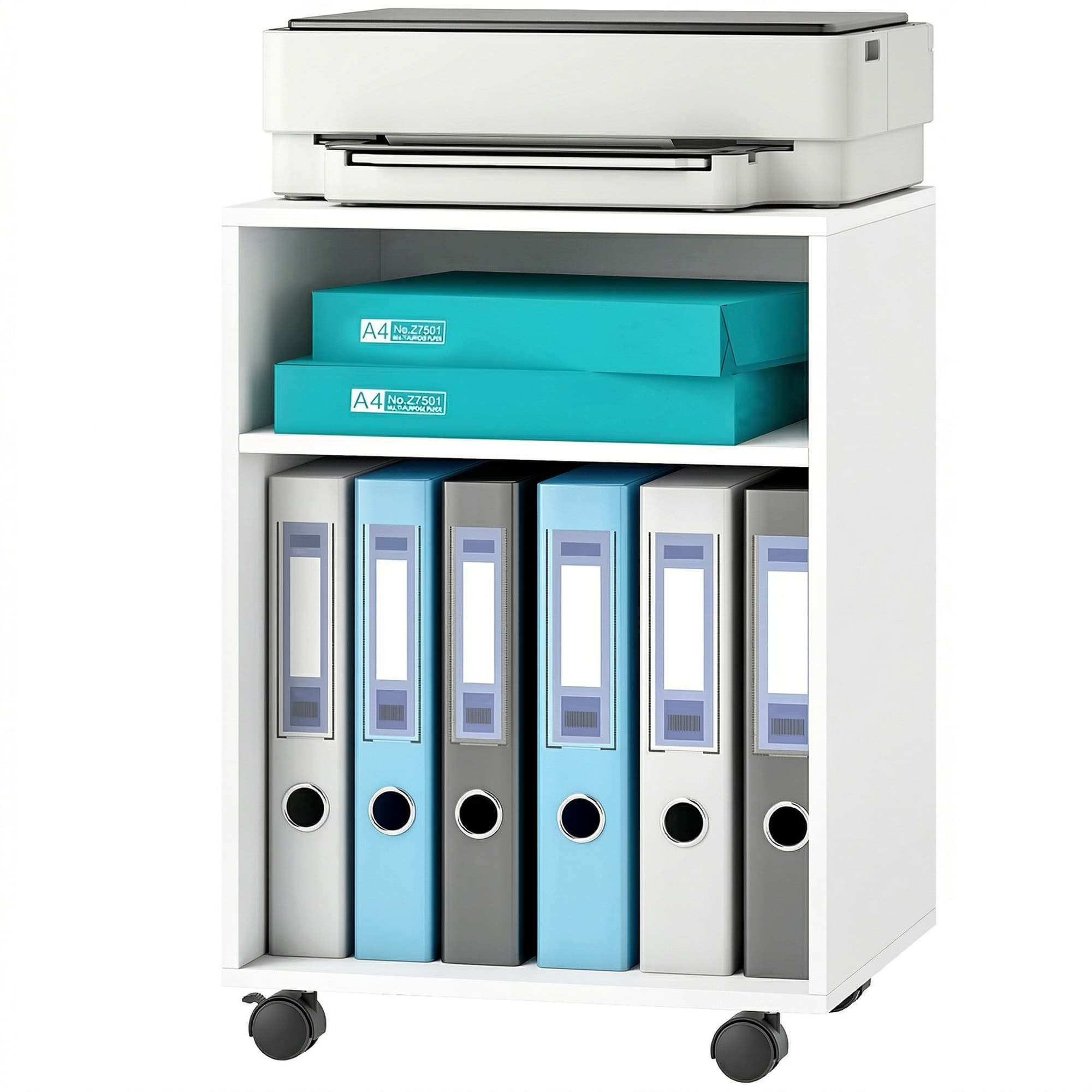 HOMCOM Support imprimante Table d'imprimante avec 2 étagères ouvertes roulettes verrouillables pour bureau maison Fax Scanner 40 x 35 x 56 cm Blanc