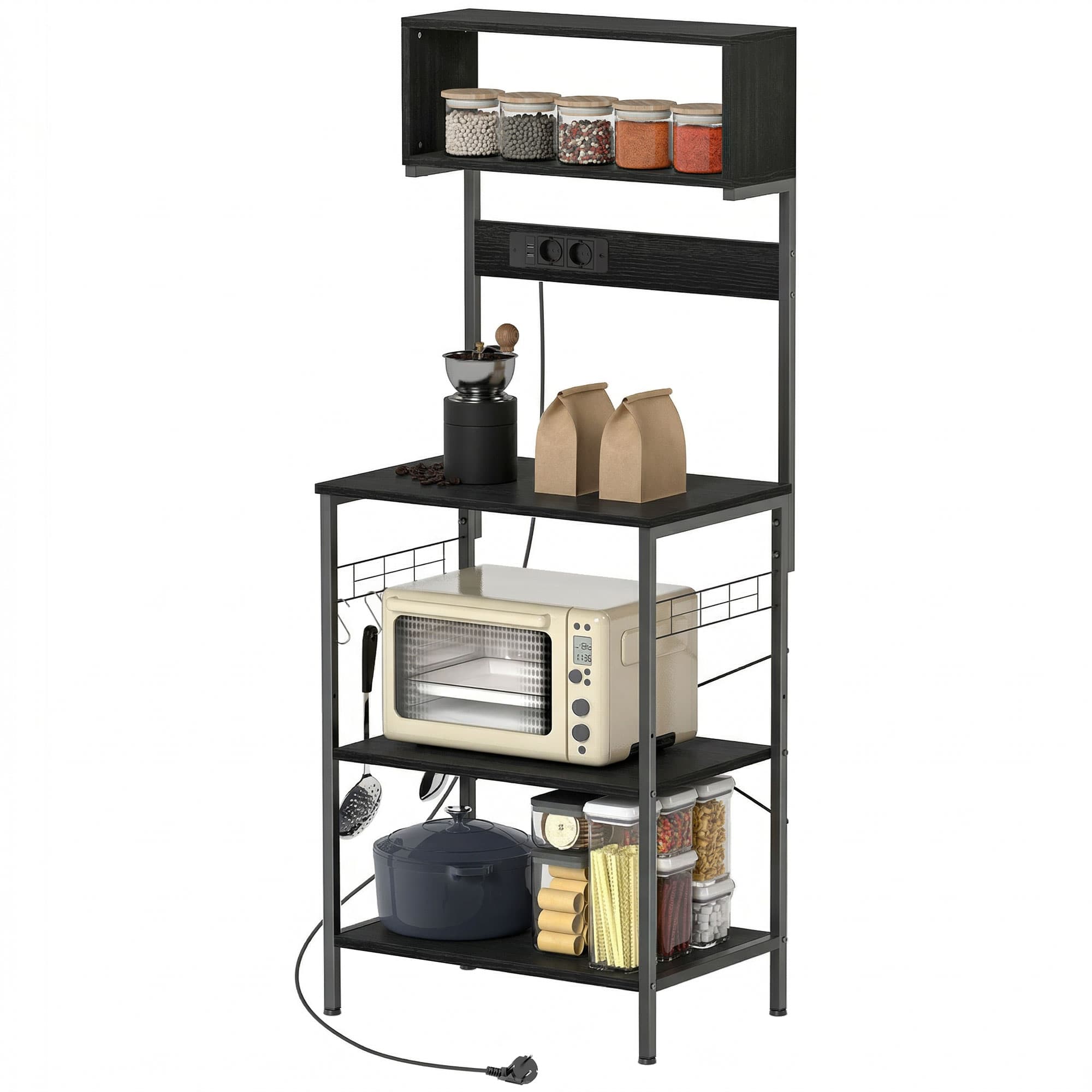HOMCOM Étagère de Cuisine avec Multiprise pour Micro-ondes avec Tablettes et Crochets Style Industriel, Bois et Acier, Noir